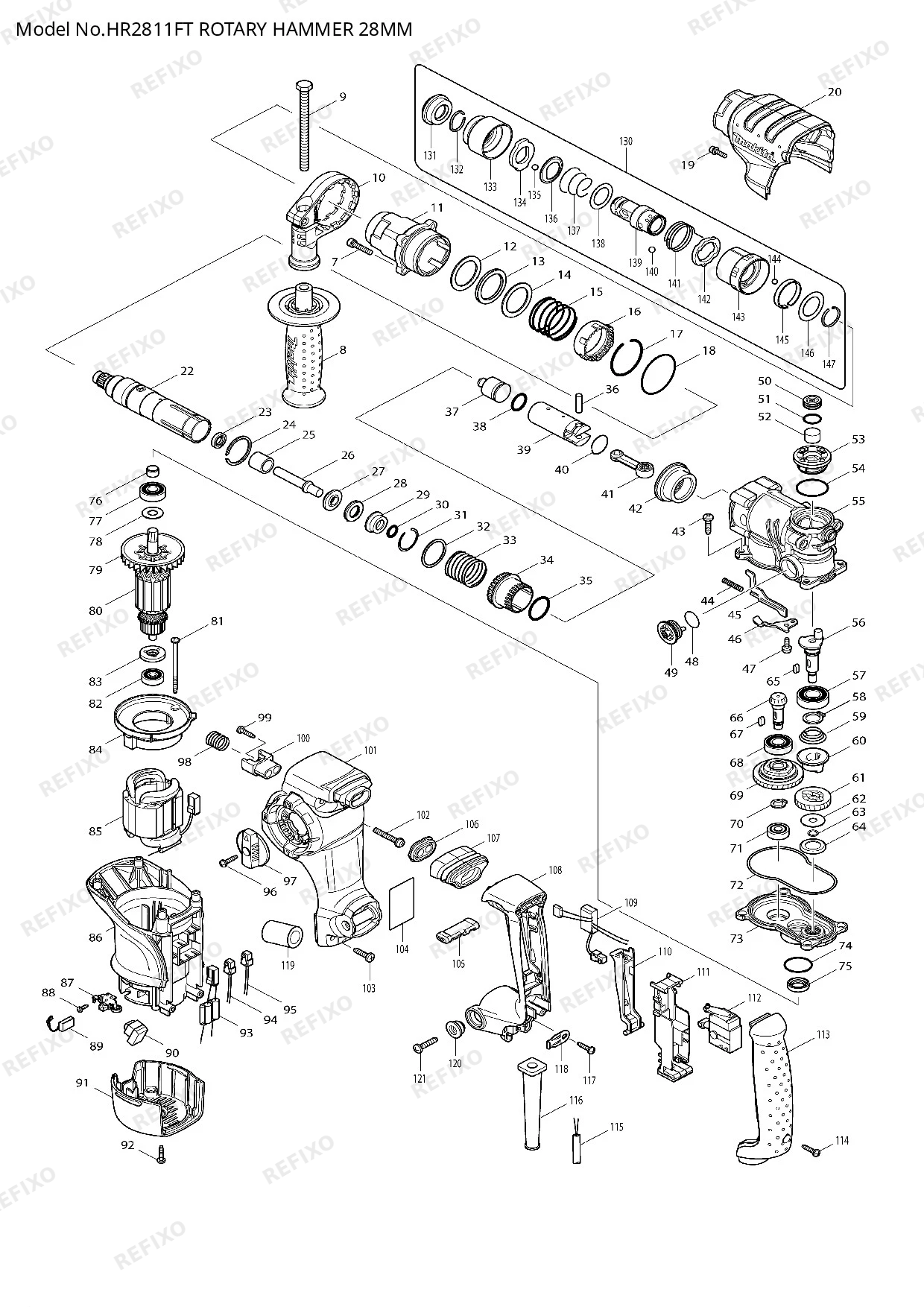 Деталировка MAKITA HR2811FT — схема запчастей в разборе