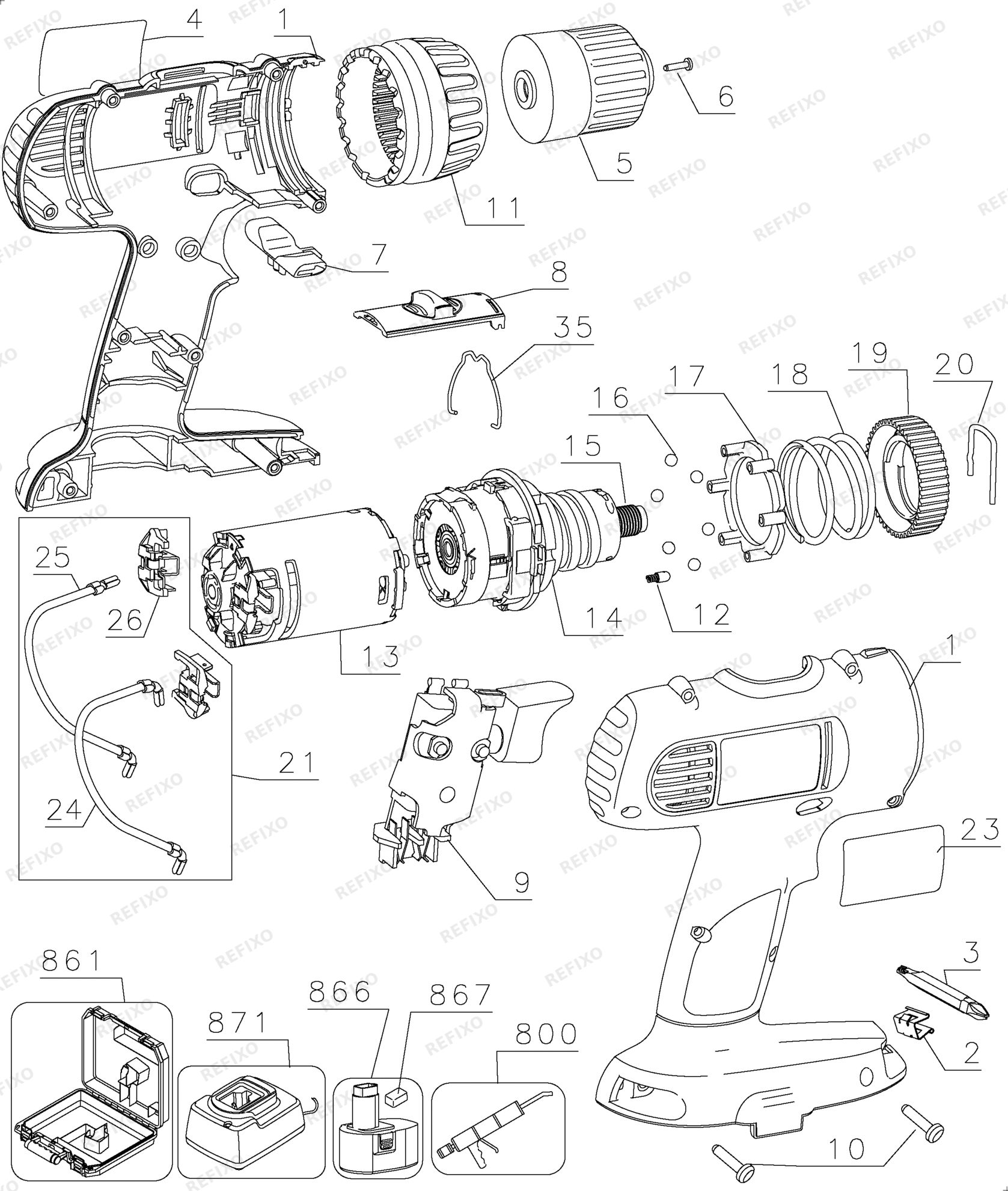 Деталировка DeWalt DW927K2-QW TYPE 1 12V DRILL DRIVER DW927K2-QW DW927K2 — схема запчастей в разборе