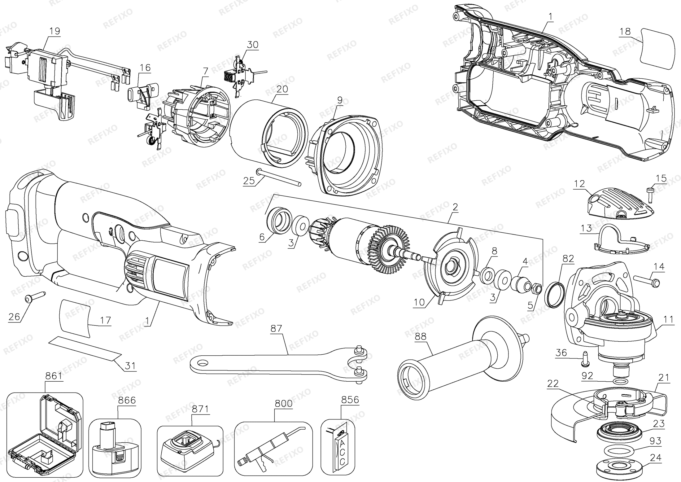 Деталировка DeWalt DC411-XJ TYPE 2 SMALL ANGLE GRINDER DC411-XJ DC411 — схема запчастей в разборе