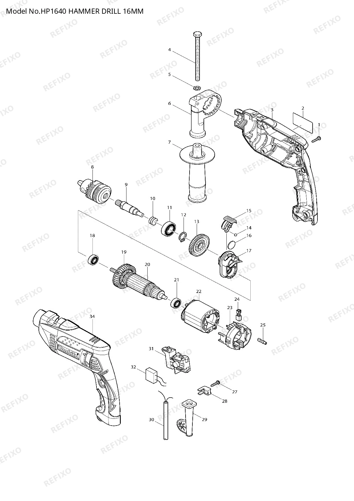 Деталировка MAKITA HP1640 — схема запчастей в разборе
