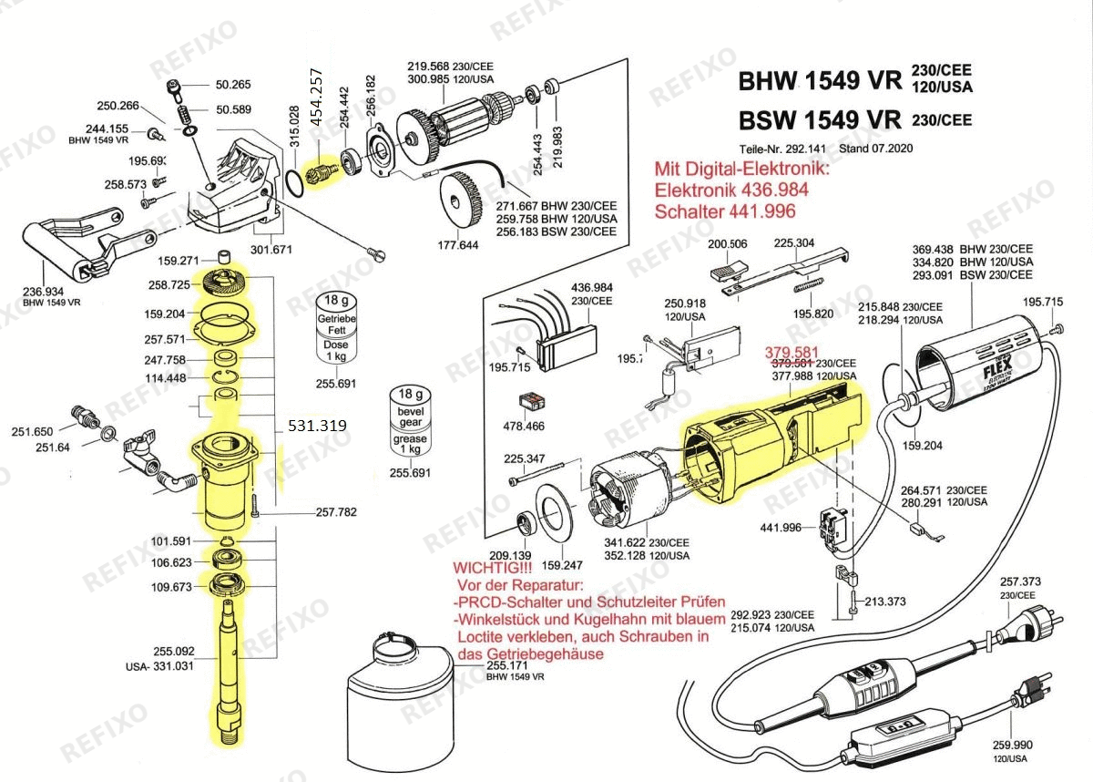 Деталировка Flex BHW 1549 VR 230PRCD — схема запчастей в разборе