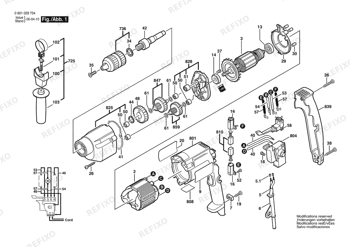 Деталировка Bosch Дрель 1029 VSR | 120 V | 061 - US (0 601 029 734) — схема запчастей в разборе