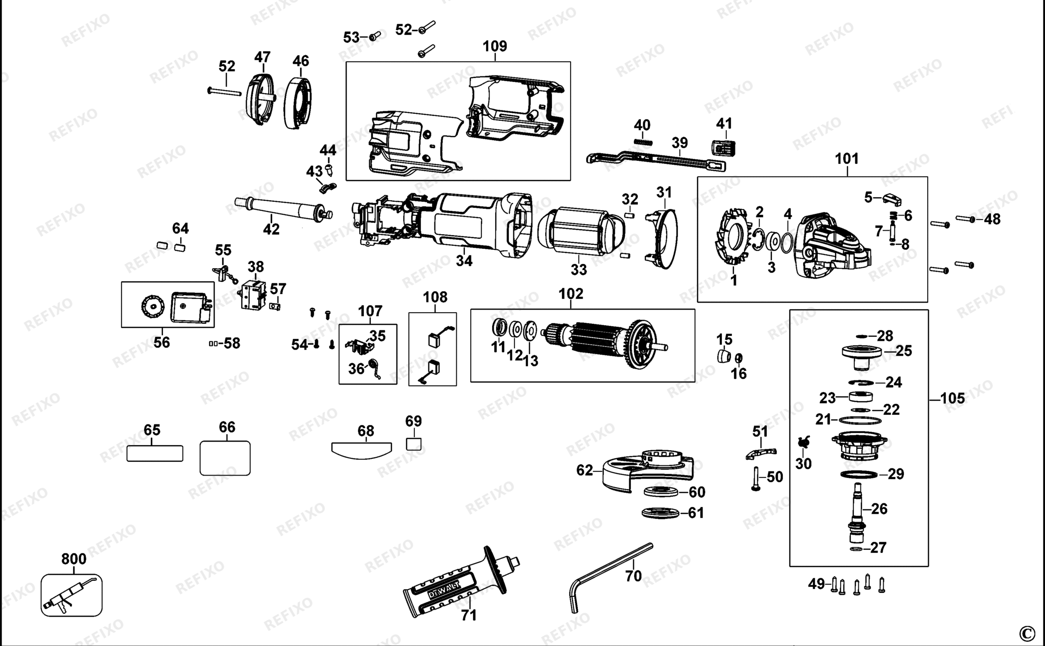 Деталировка DeWalt DWE4246-QS TYPE 1 угловая шлифмашина DWE4246-QS DWE4246 — схема запчастей в разборе