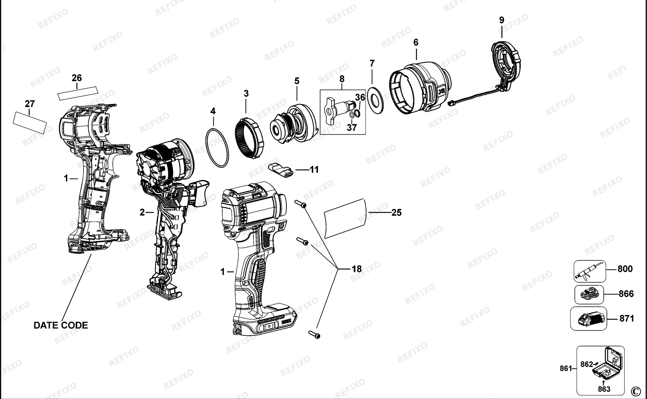 Деталировка DeWalt DCF890-XJ TYPE 1 SCHLAGSCHRAUBENSCHL. DCF890-XJ DCF890 — схема запчастей в разборе