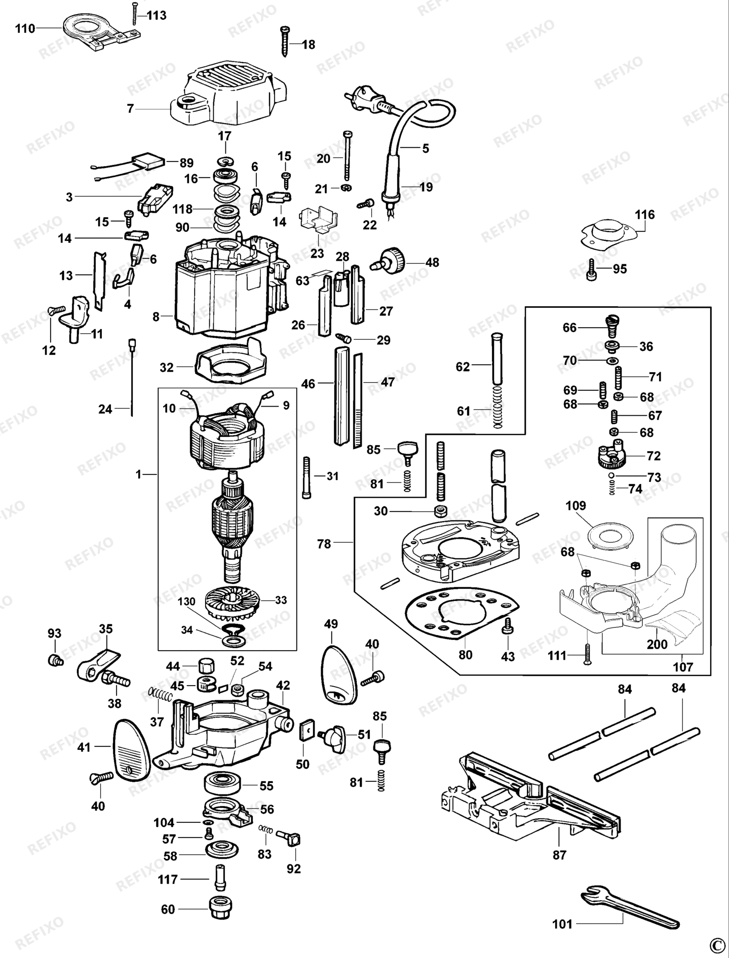 Деталировка DeWalt DW629-QS TYPE 1 HOHLFRÄSER DW629-QS DW629 — схема запчастей в разборе