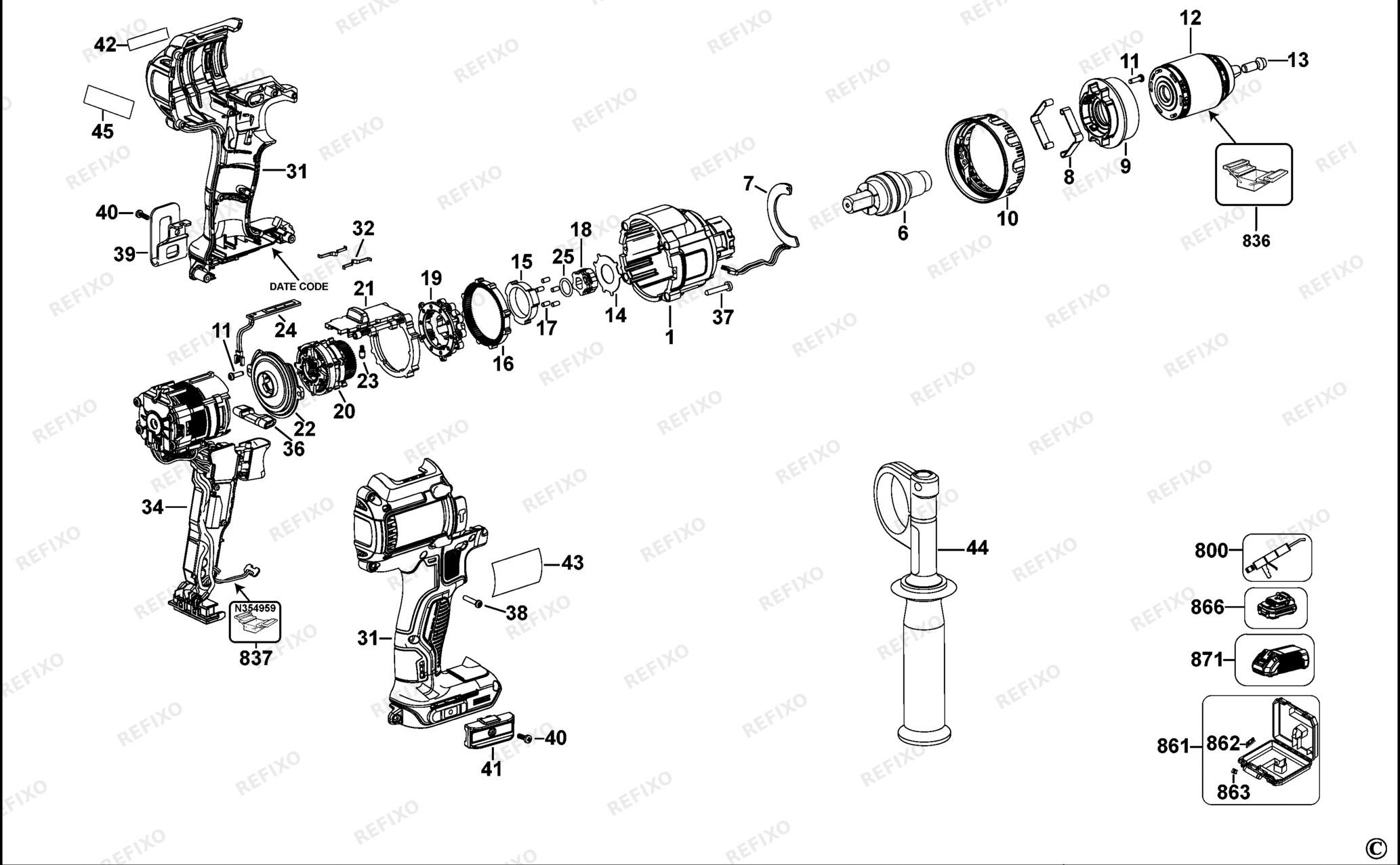 Деталировка DeWalt DCD932-QW TYPE 10 аккумуляторный - дрель DCD932-QW DCD932 — схема запчастей в разборе