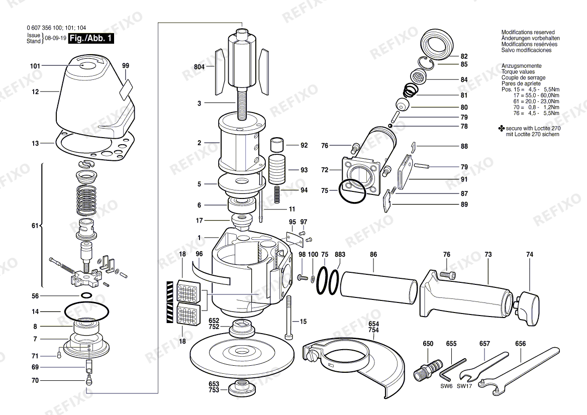Деталировка Bosch Pw-Vertikalschleifer 3.5 KW (0 607 356 100) — схема запчастей в разборе