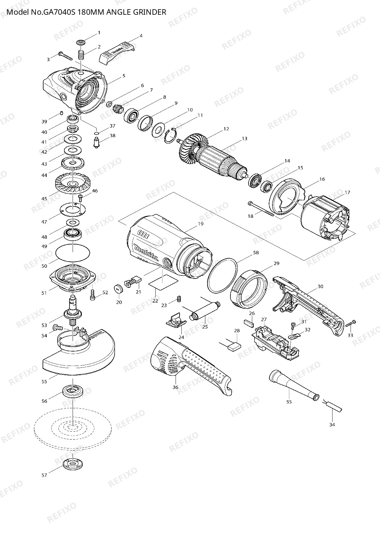 Деталировка MAKITA GA7040S — схема запчастей в разборе
