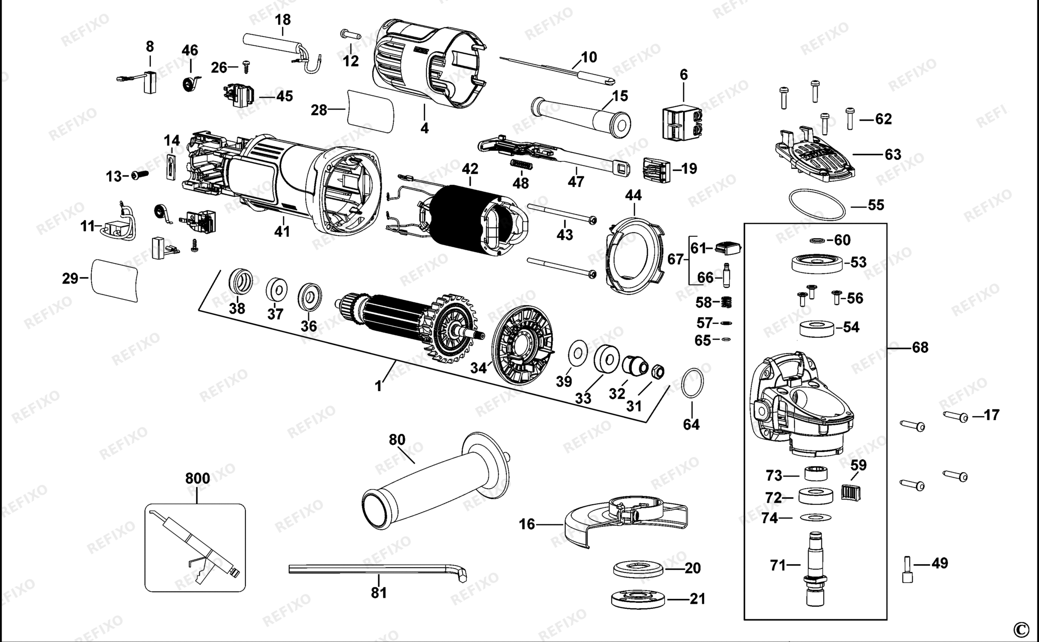 Деталировка DeWalt DWE4051-QS TYPE 1 SMALL ANGLE GRINDER DWE4051-QS DWE4051 — схема запчастей в разборе