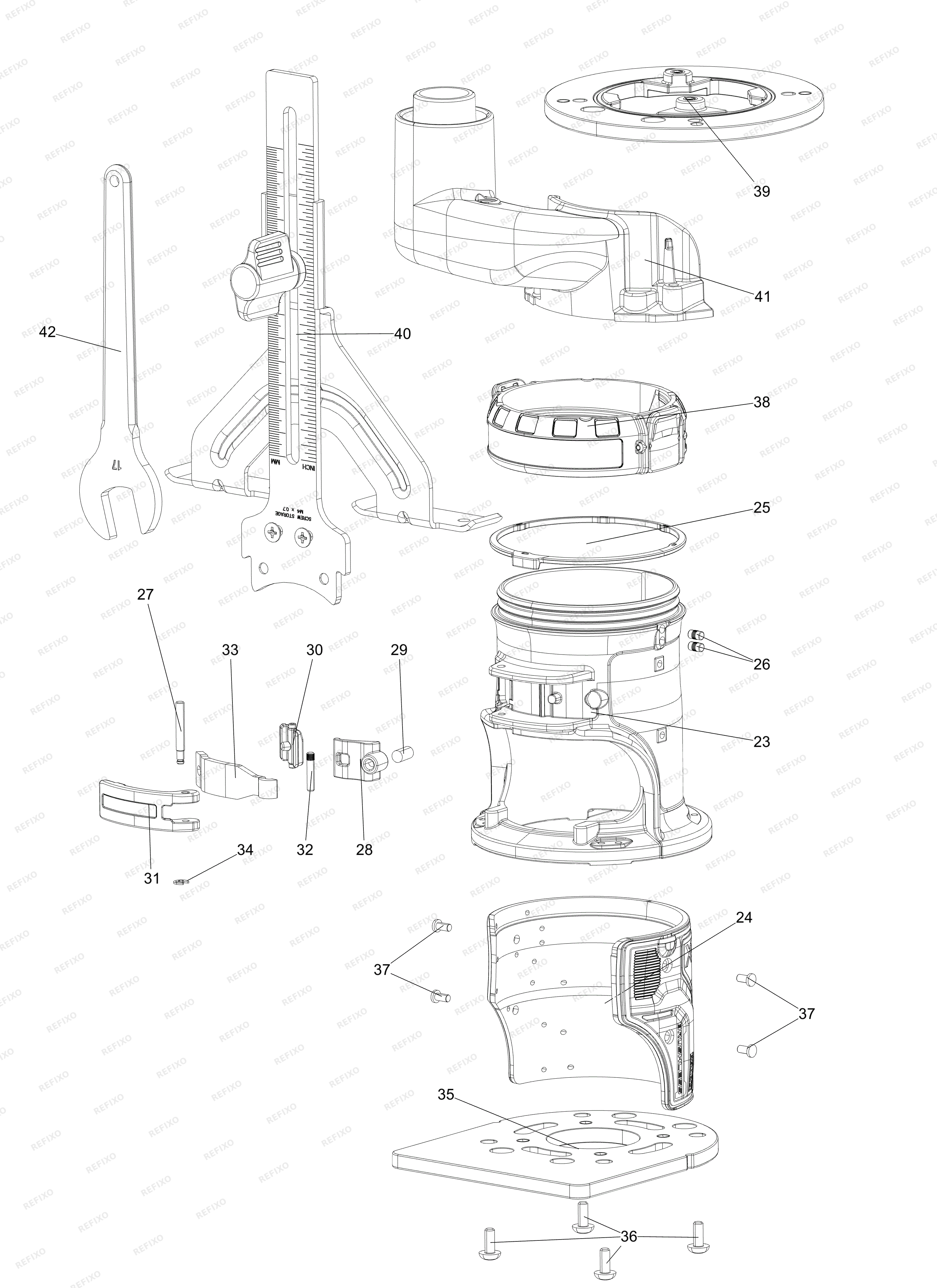 Деталировка DeWalt ФРЕЗЕР DCW600N — схема запчастей в разборе
