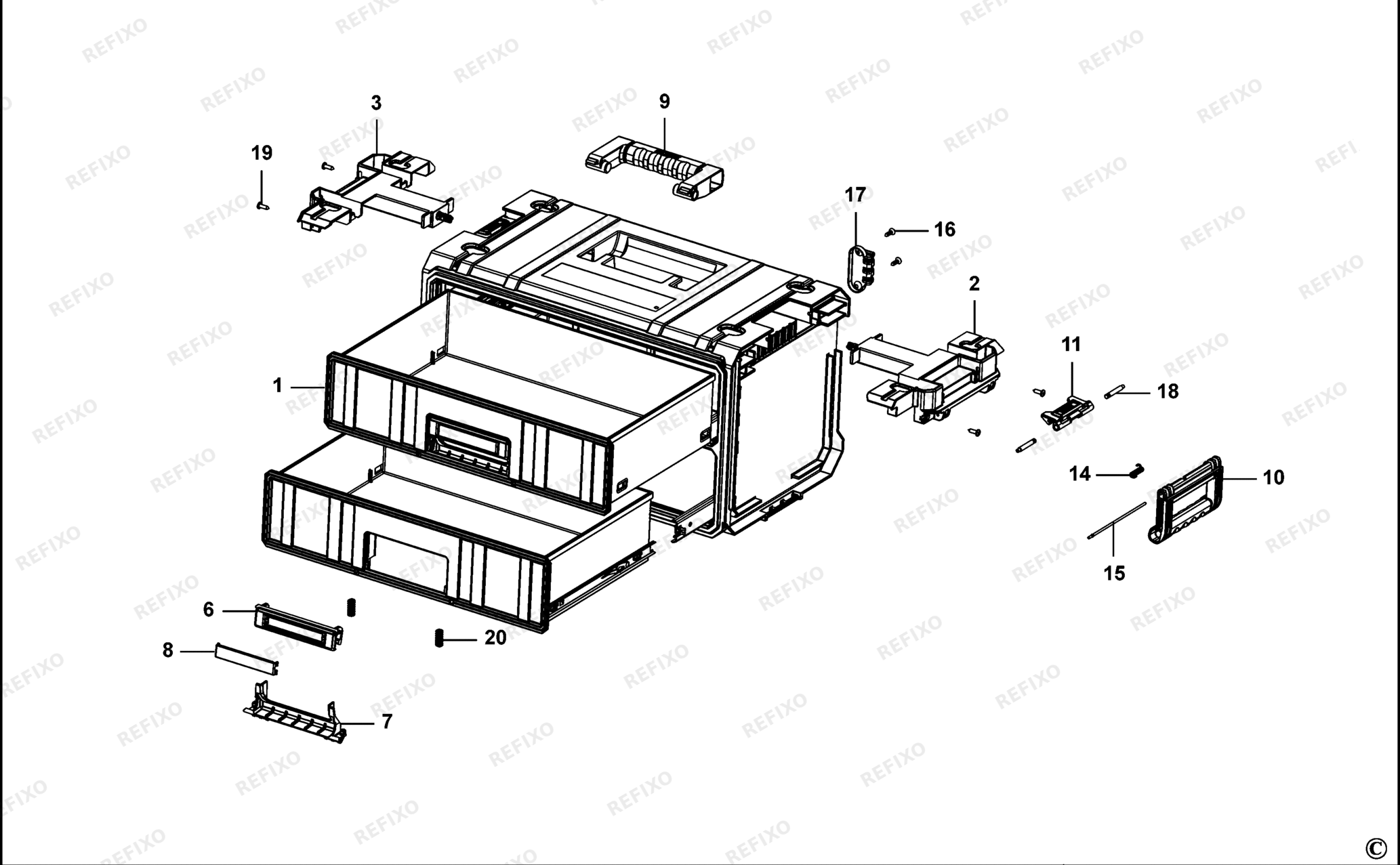 Деталировка DeWalt DWST1-80123-XJ TYPE 1 DRAWER CABINET DWST1-80123-XJ DWST1-80123 — схема запчастей в разборе