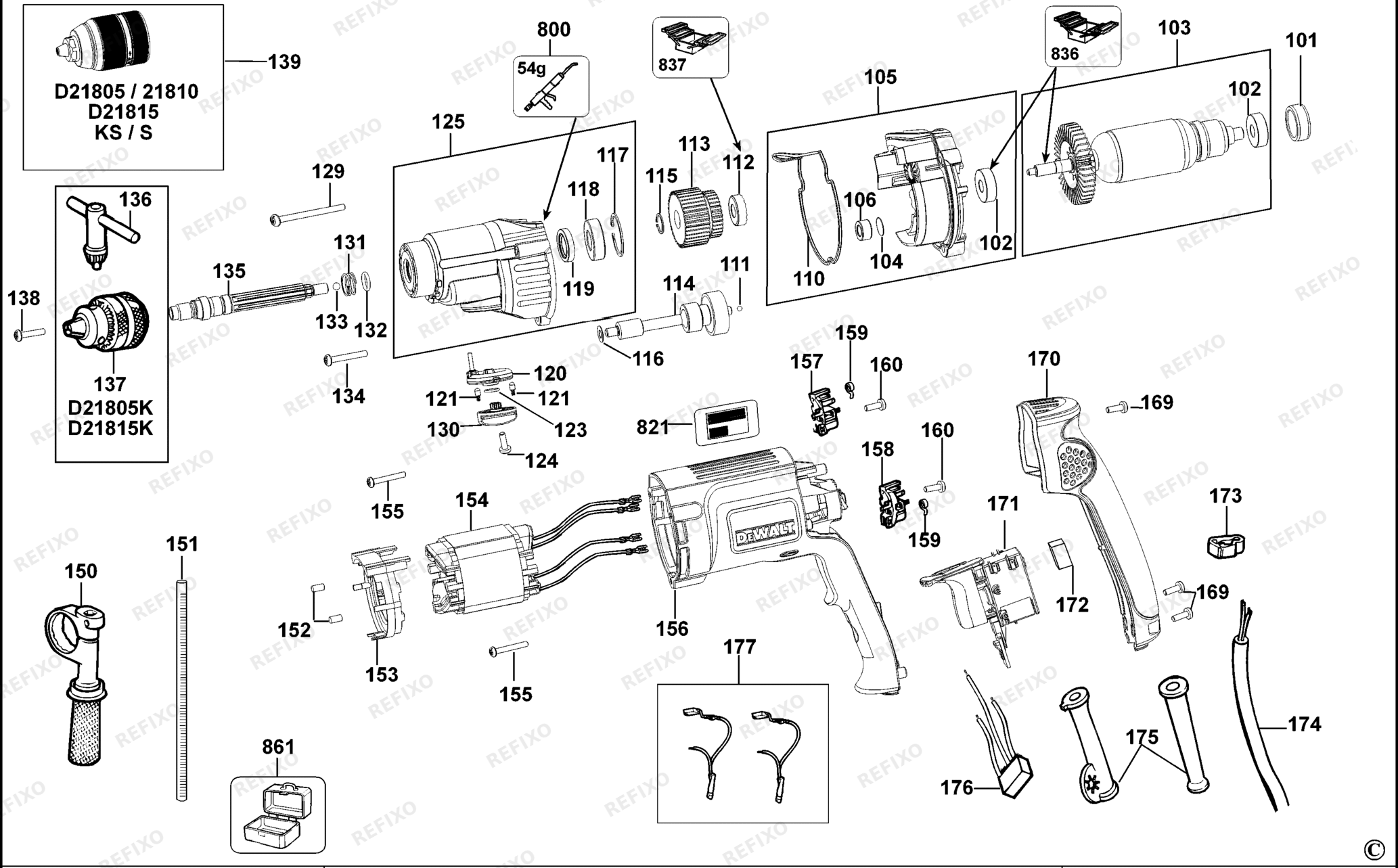 Деталировка DeWalt D21810-LX TYPE 1 BOHRER D21810-LX D21810 — схема запчастей в разборе