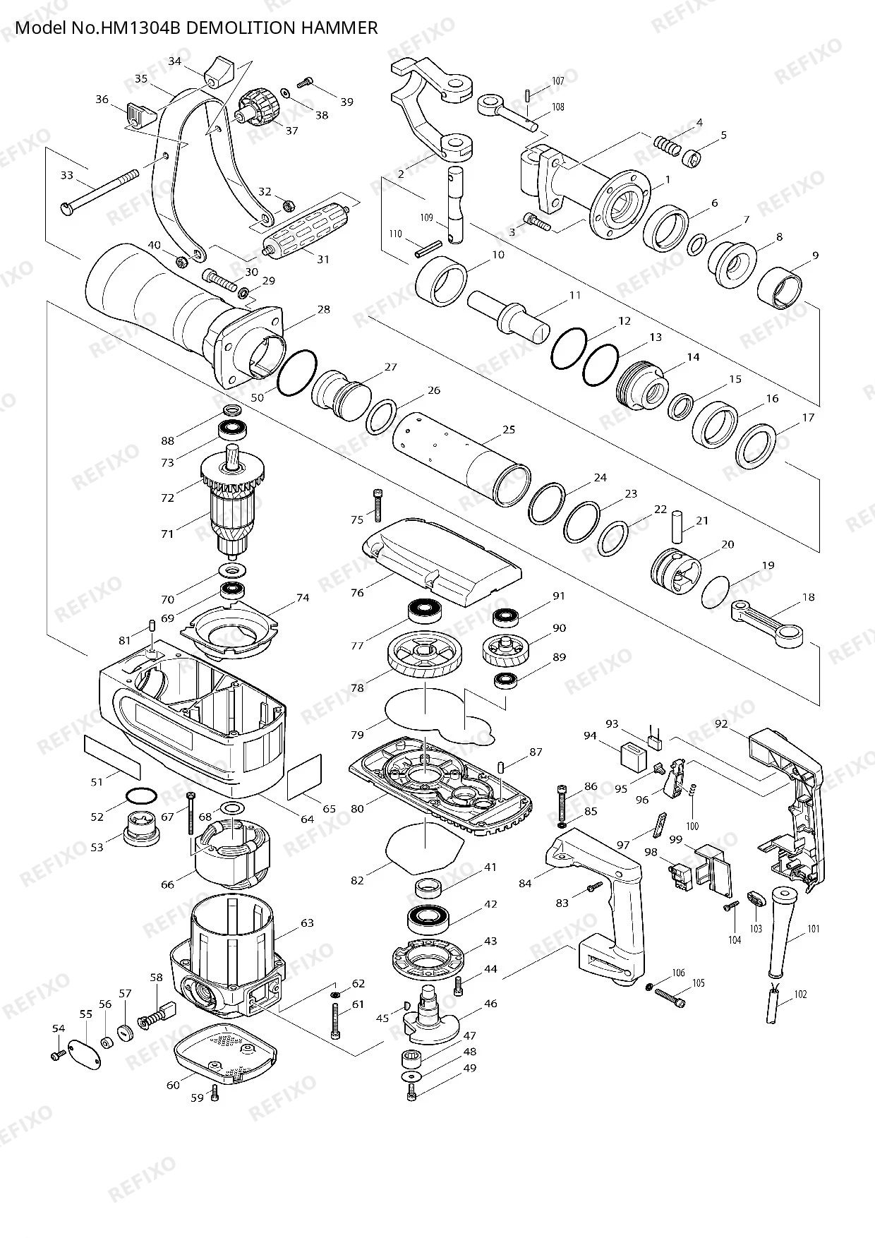 Деталировка MAKITA HM1304B — схема запчастей в разборе