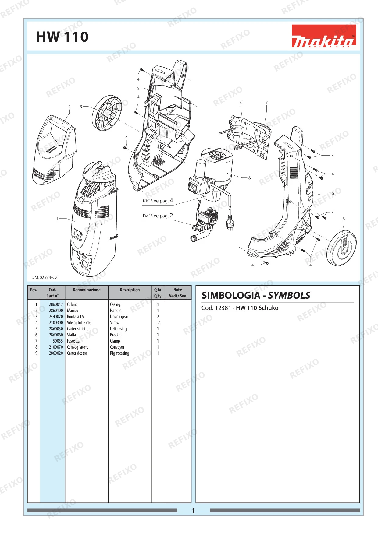 Деталировка MAKITA HW110 — схема запчастей в разборе