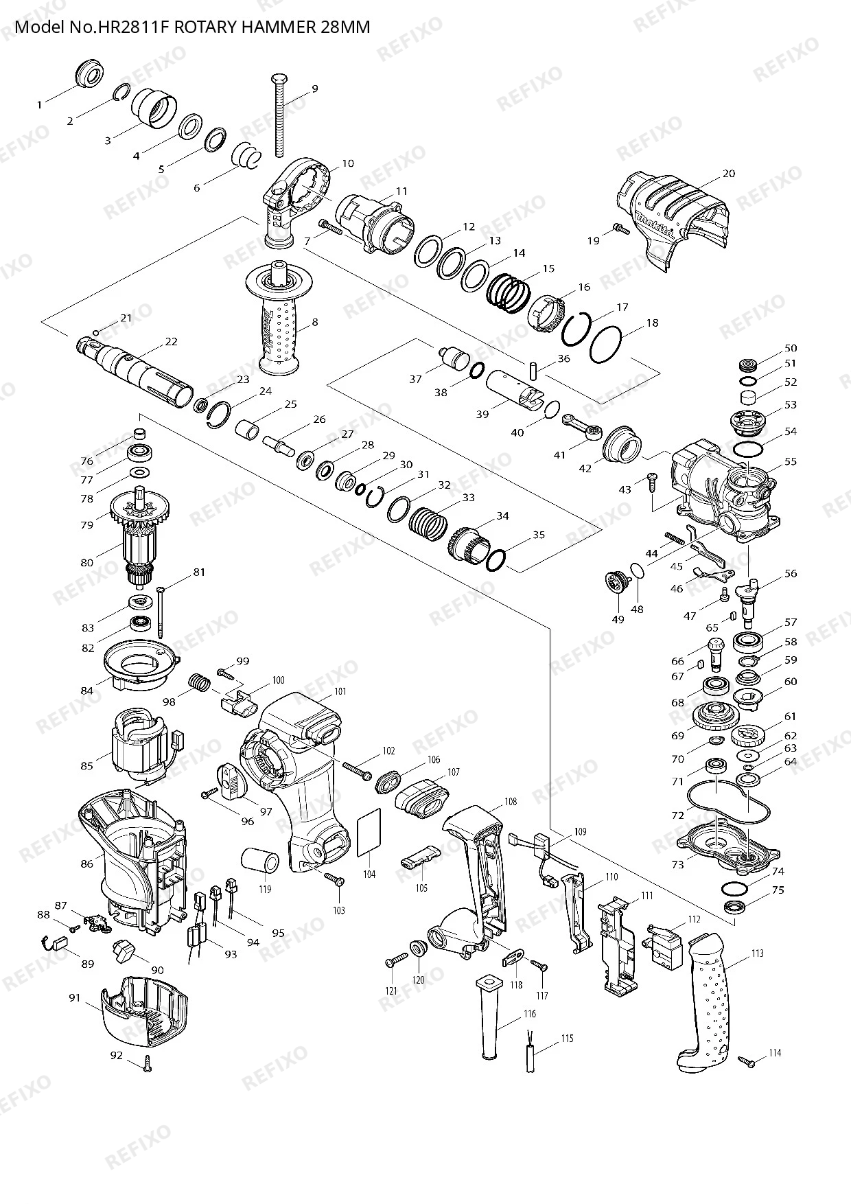 Деталировка MAKITA HR2811F — схема запчастей в разборе