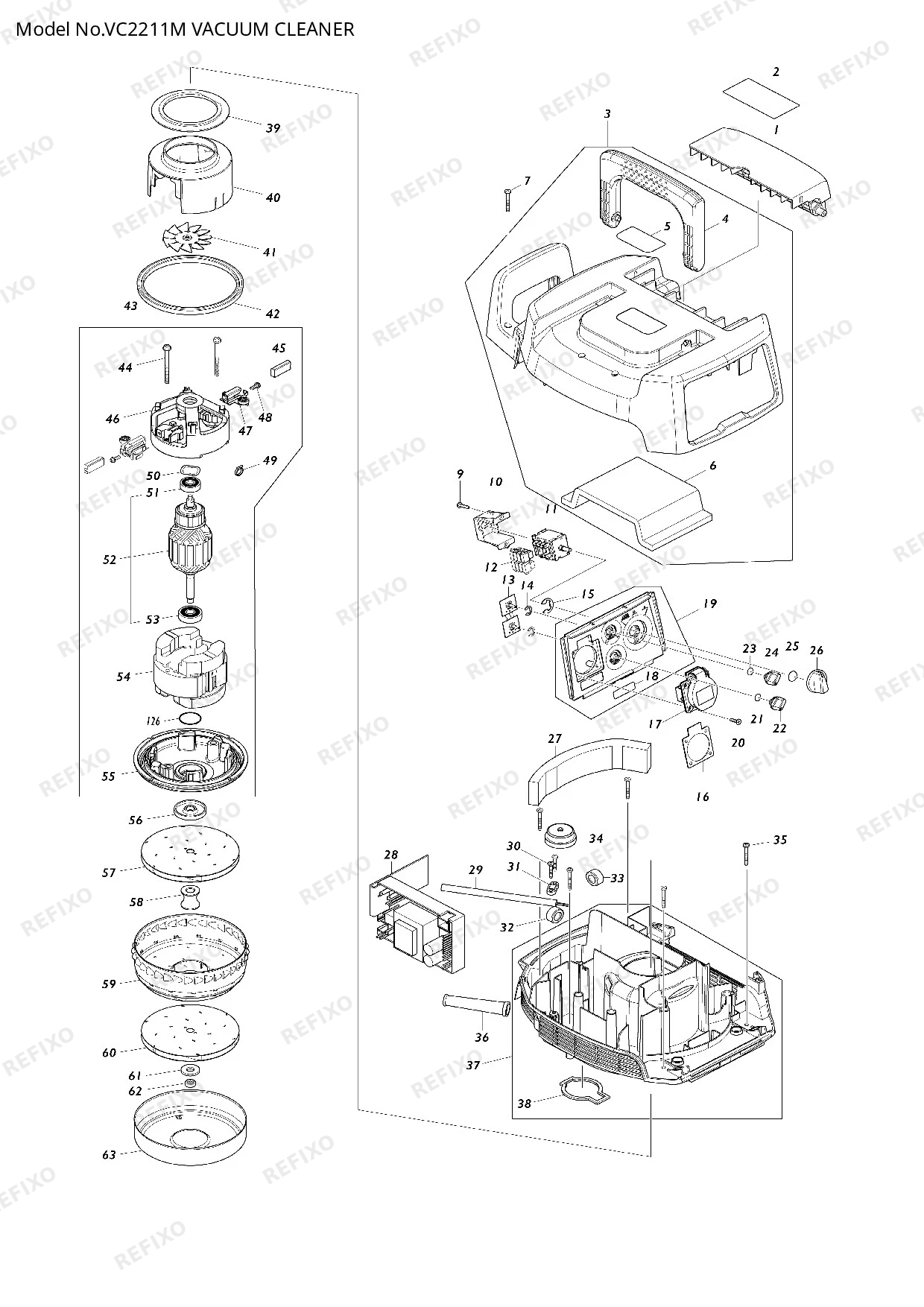Деталировка MAKITA VC2211M — схема запчастей в разборе