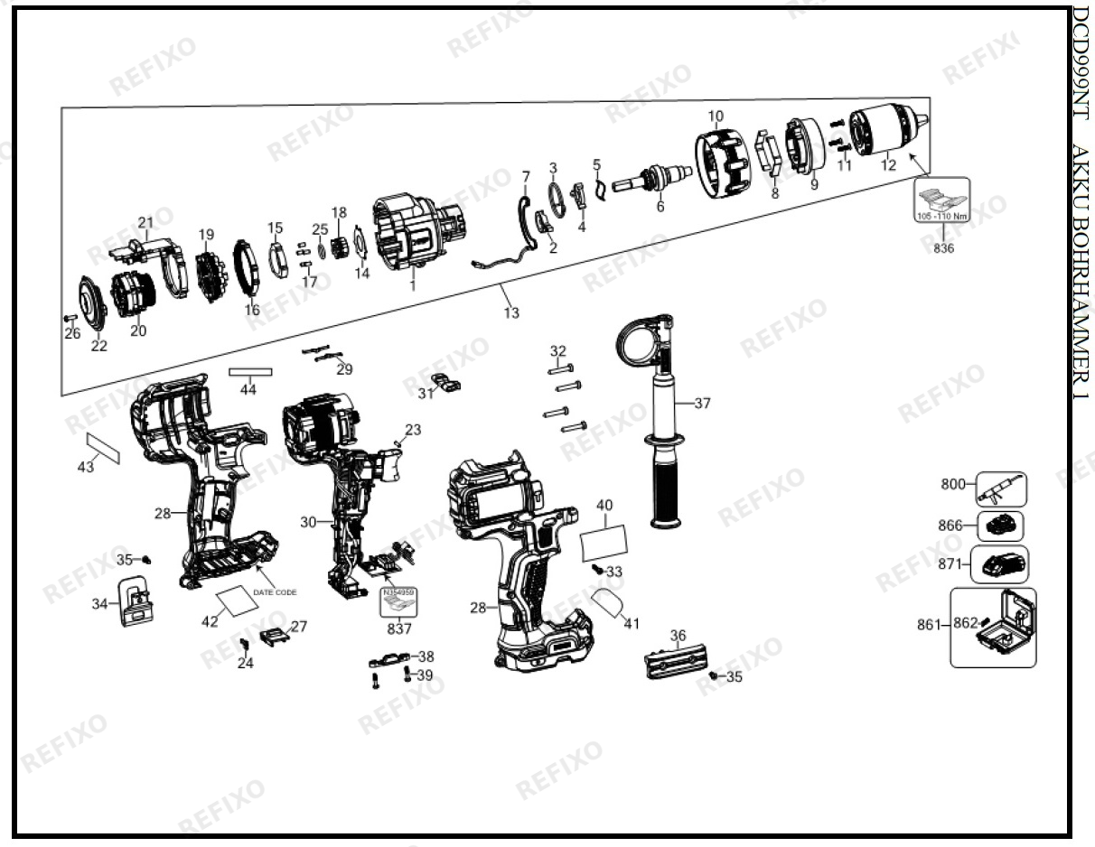 Деталировка DeWalt DCD999NT-XJ TYPE 1 DE-CORDLESS HAMMER DCD999NT-XJ DCD999NT — схема запчастей в разборе