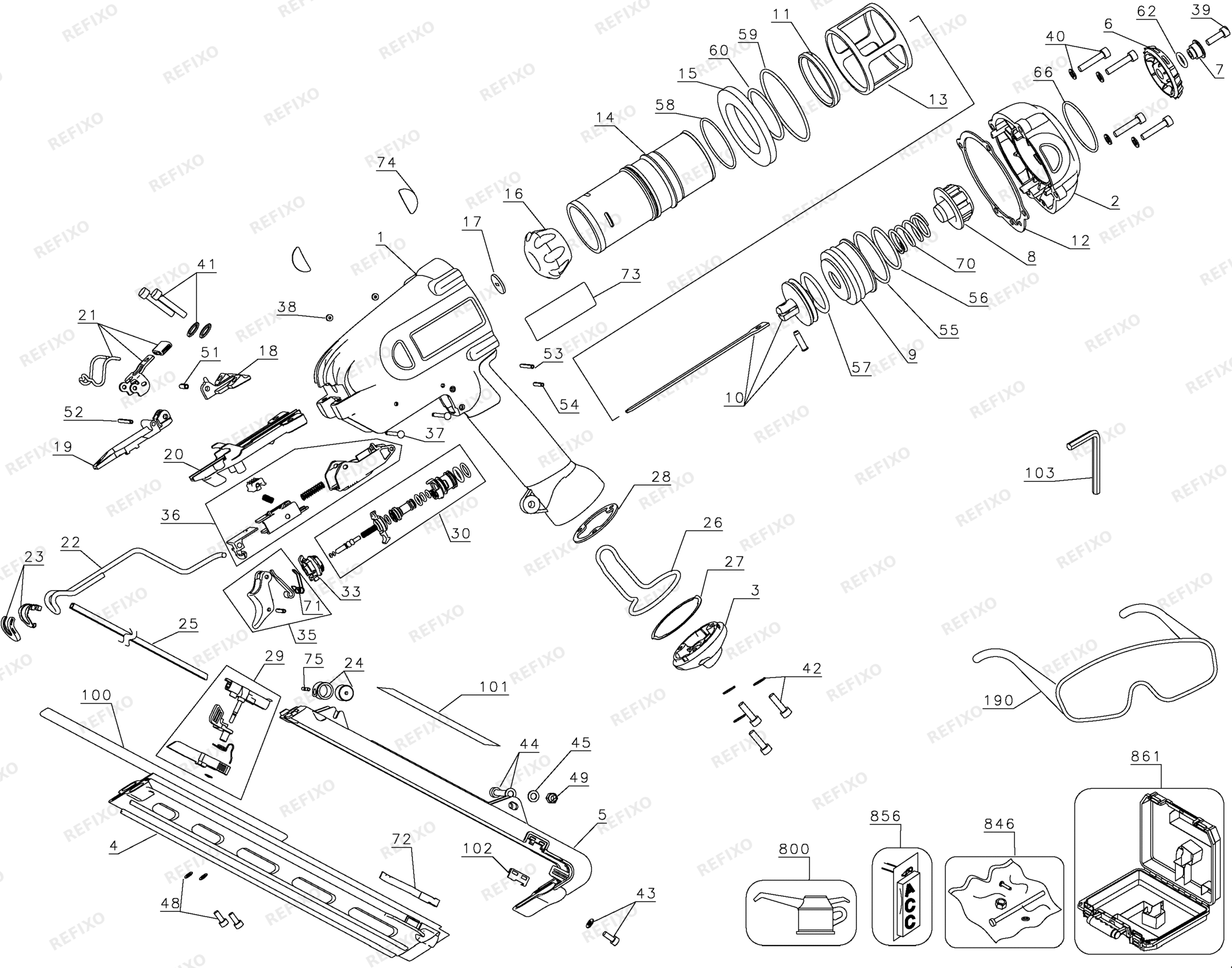 Деталировка DeWalt D51275K-XJ TYPE 1 Stauchkopf - Nagler D51275K-XJ D51275K — схема запчастей в разборе