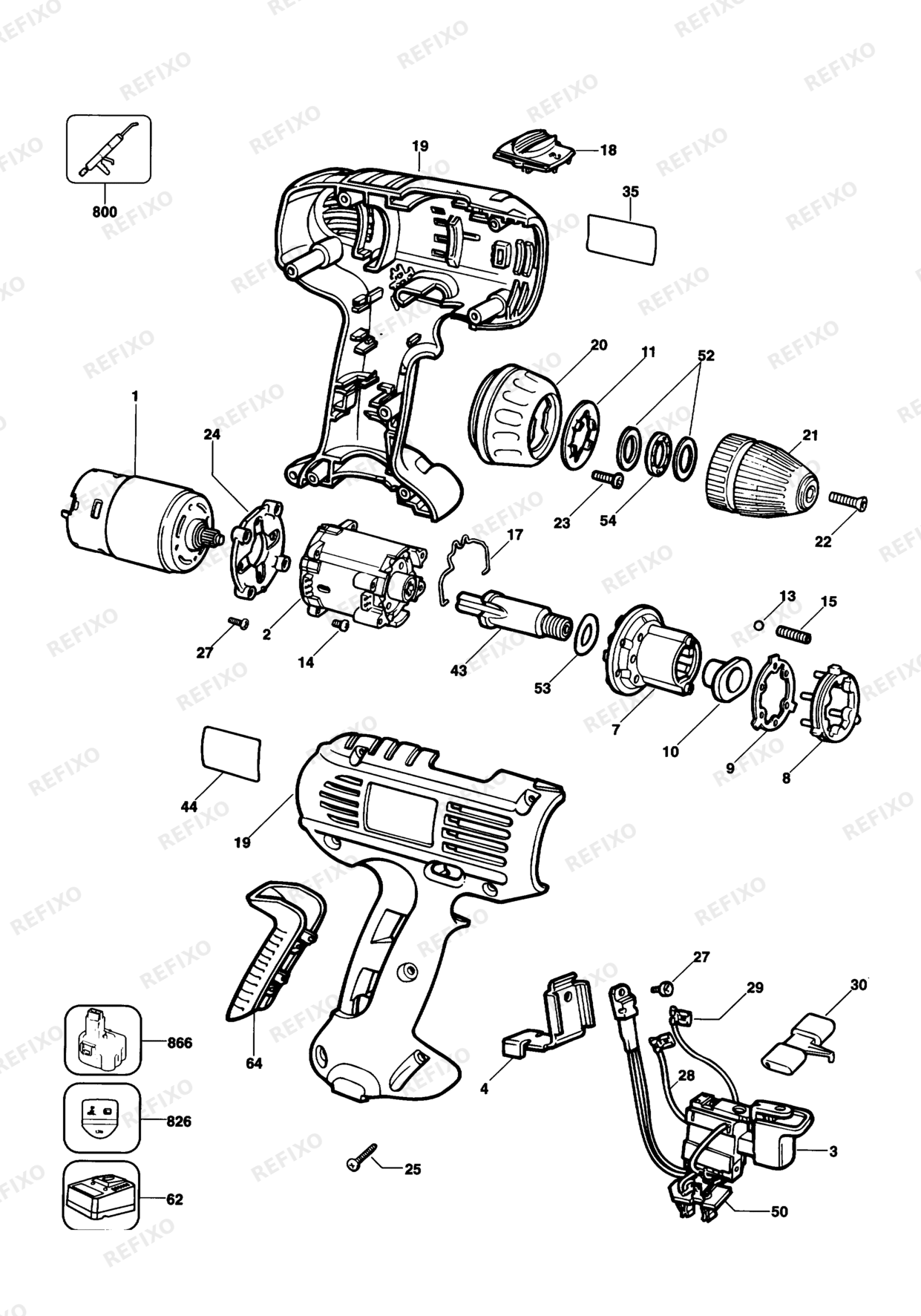 Деталировка DeWalt DW921K-DE TYPE 1 аккумуляторный - дрель DW921K-DE DW921K — схема запчастей в разборе