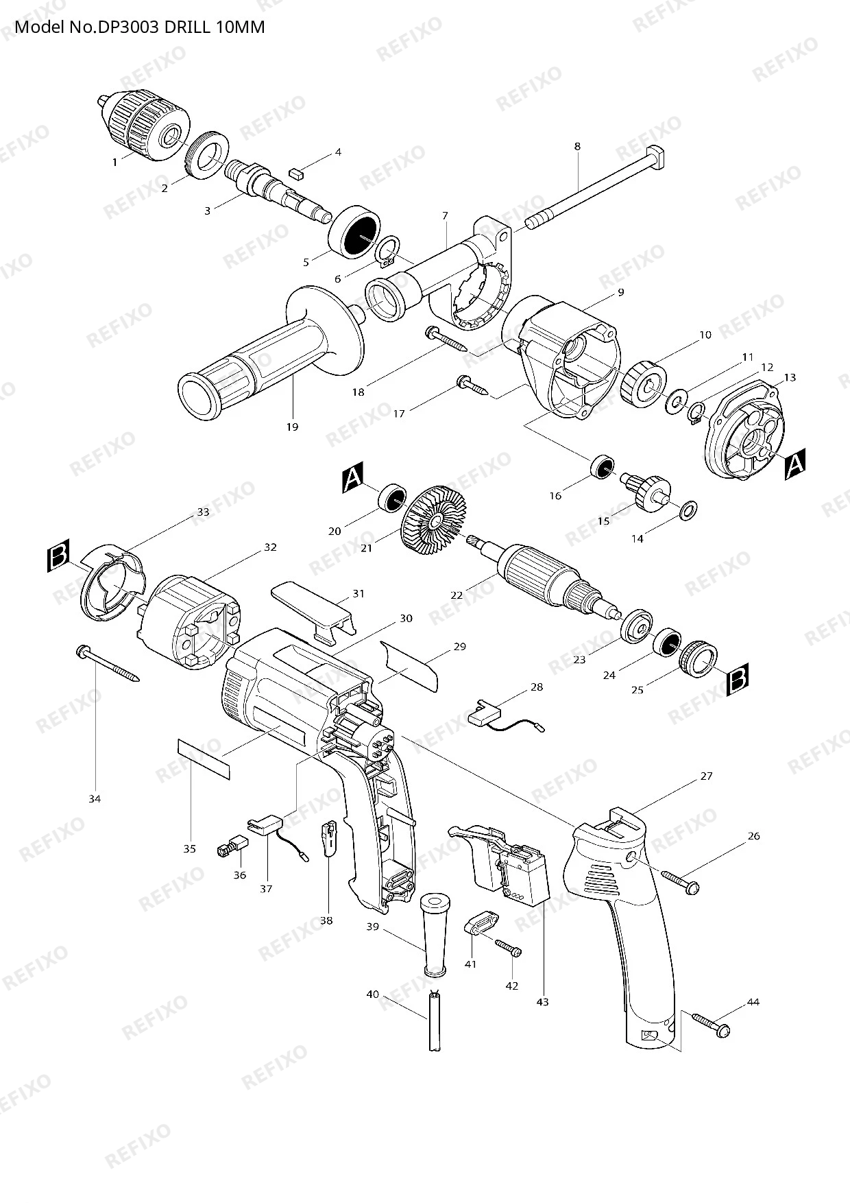 Деталировка MAKITA DP3003 — схема запчастей в разборе