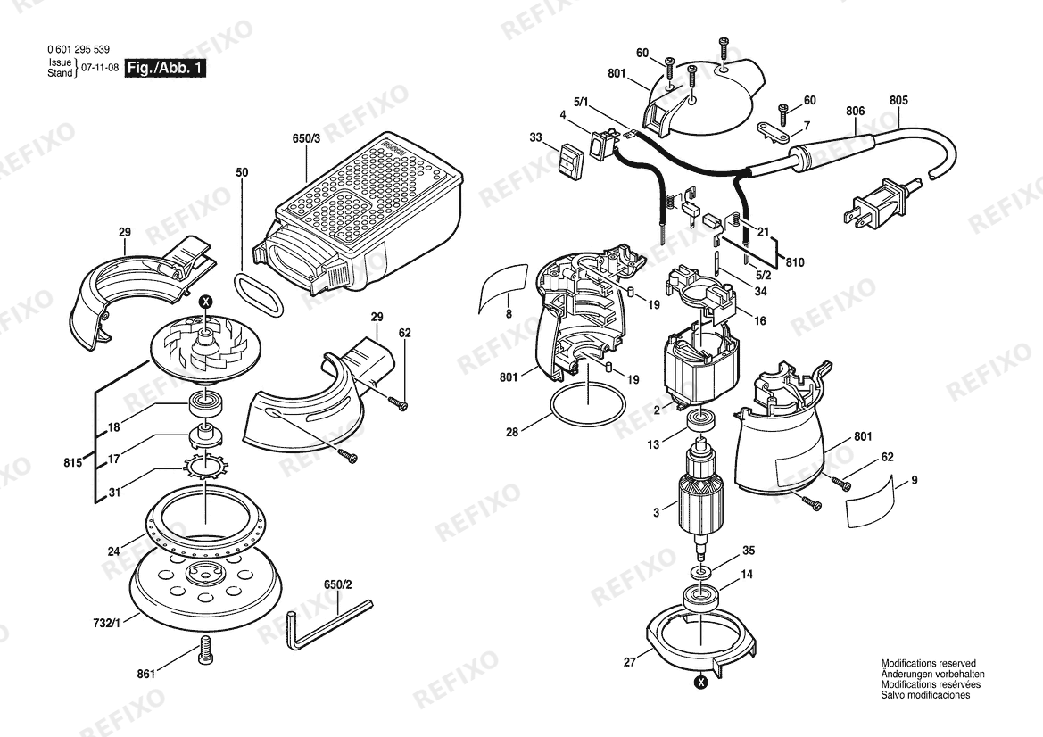 Деталировка Bosch Эксцентриковая шлифмашина 1295 DH | 115 V | 061 - US (0 601 295 539) — схема запчастей в разборе