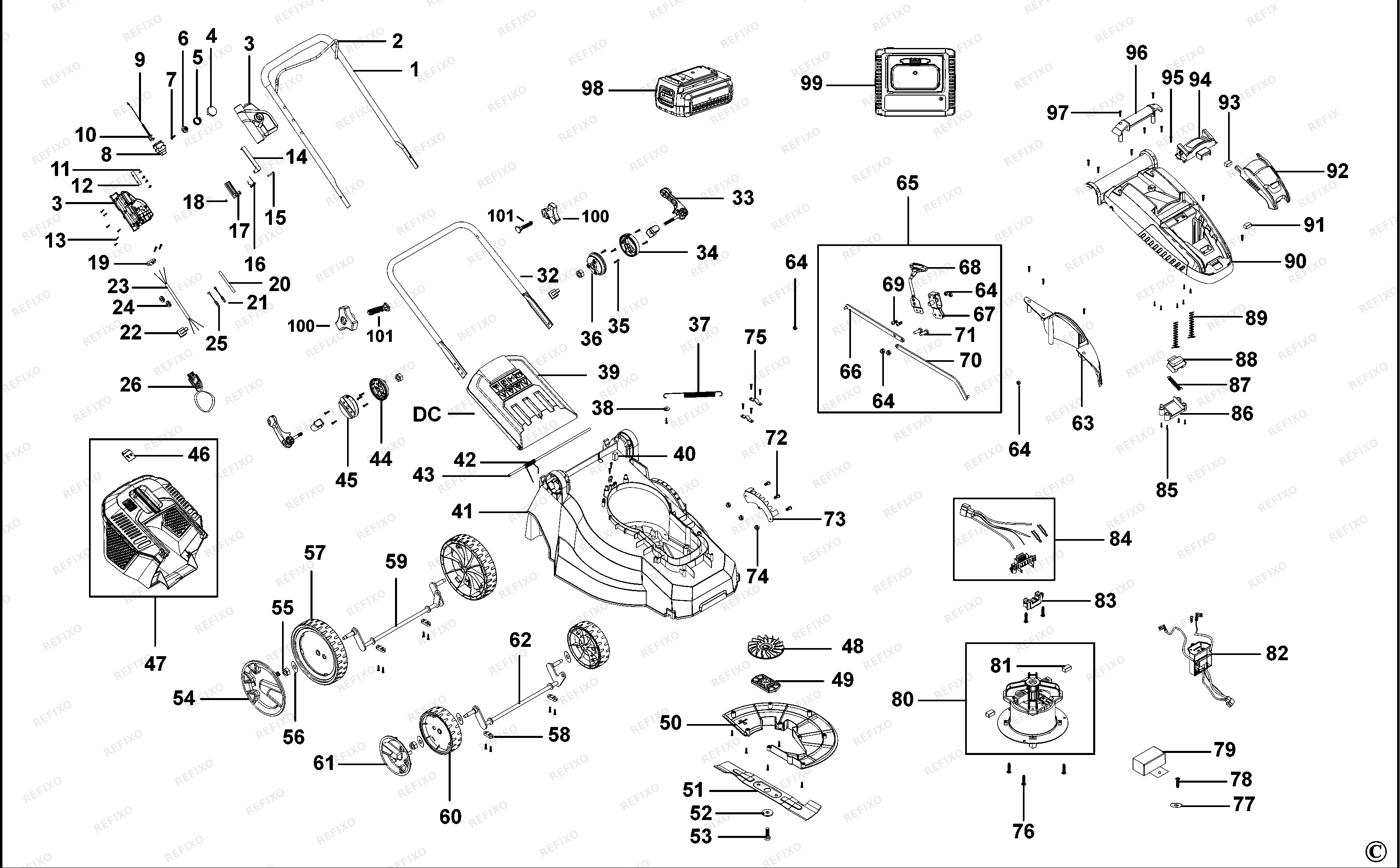 Black&Decker АККУМУЛЯТОРНАЯ КОЛЁСНАЯ ГАЗОНОКОСИЛКА CLM3825L2 — схема запчастей