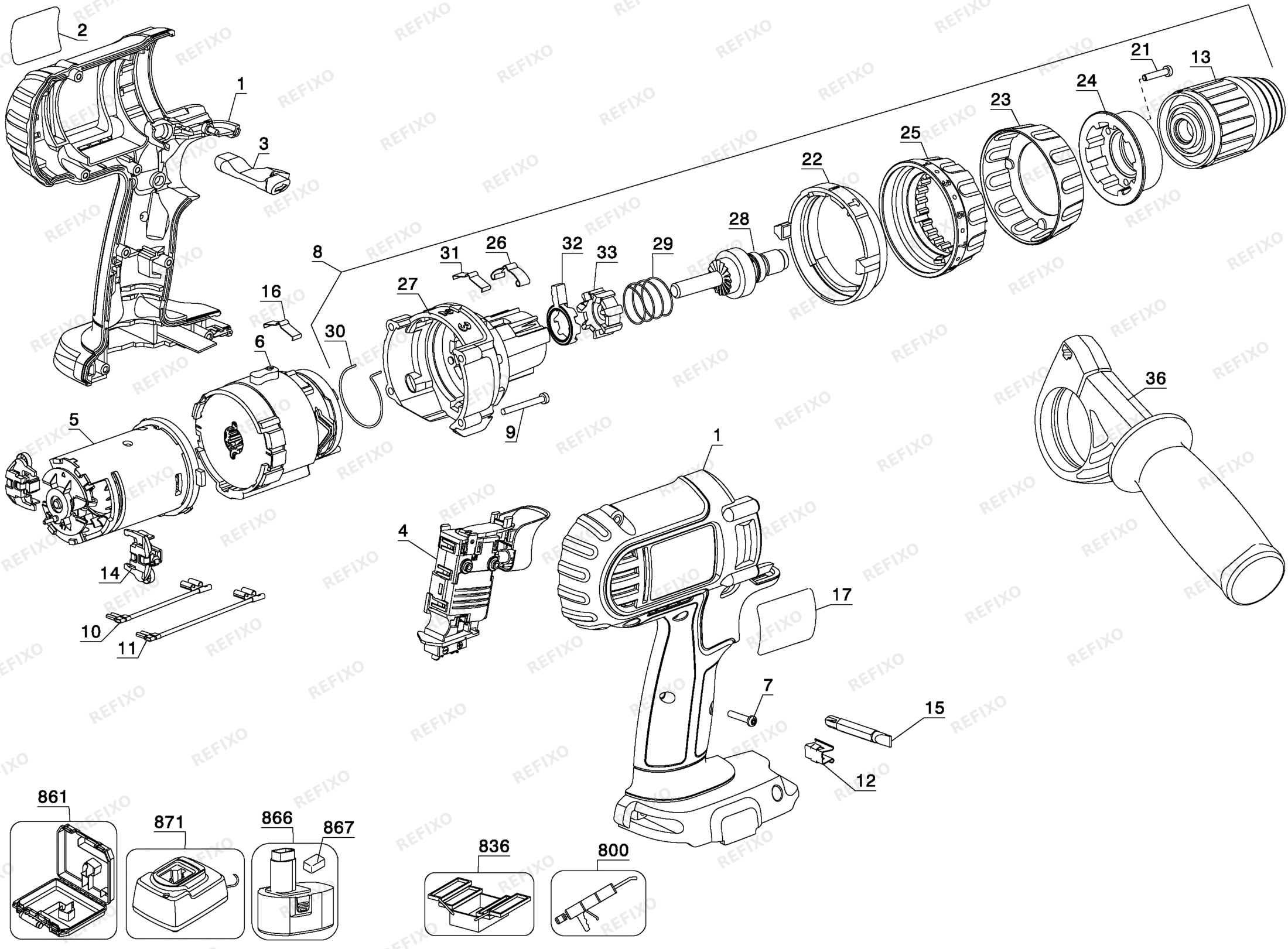 Деталировка DeWalt DC927-XJ TYPE 1 18V HMRDRILLDRIVER DC927-XJ DC927 — схема запчастей в разборе
