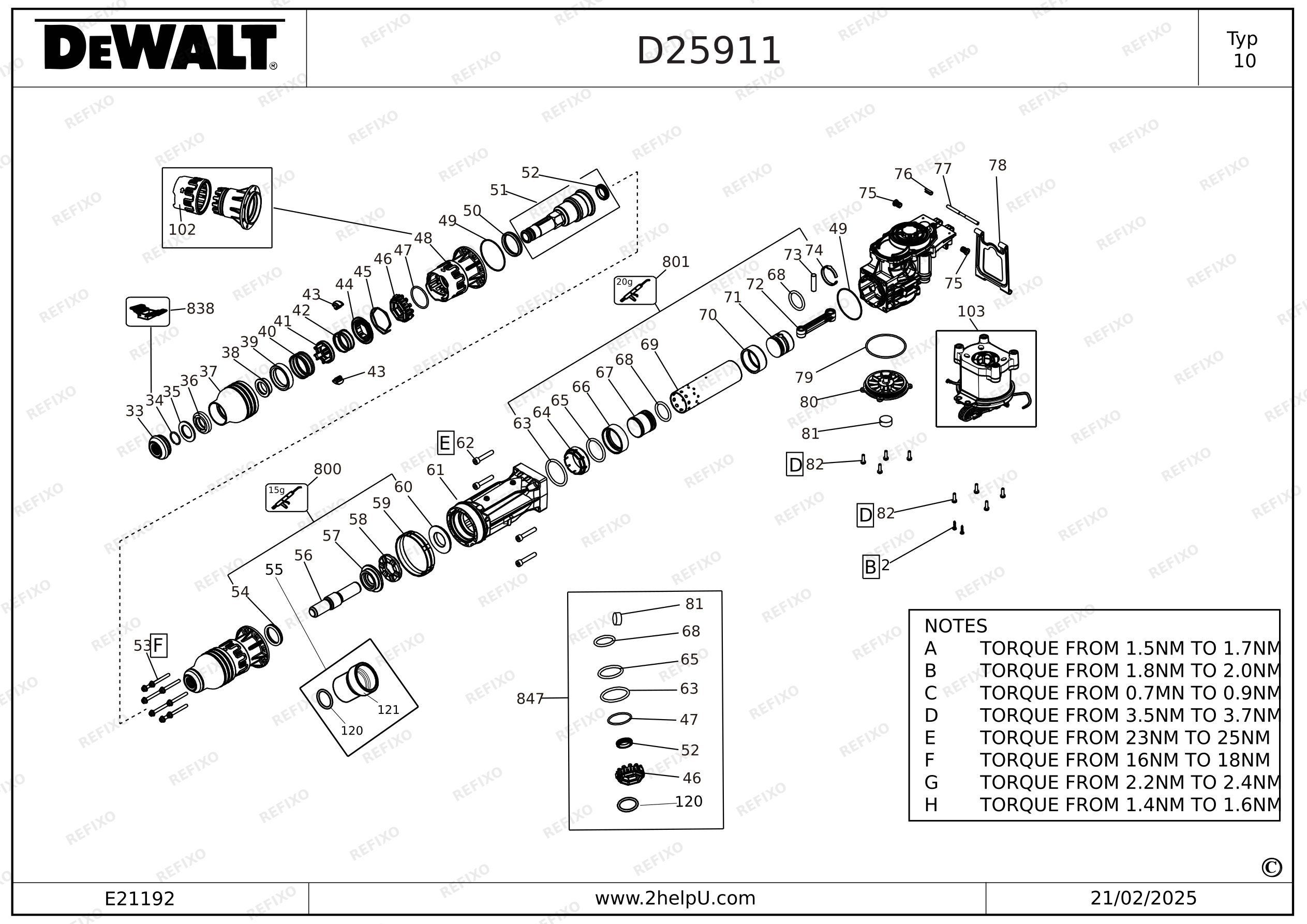Деталировка DeWalt БЕТОНОЛОМ D25911K — схема запчастей в разборе