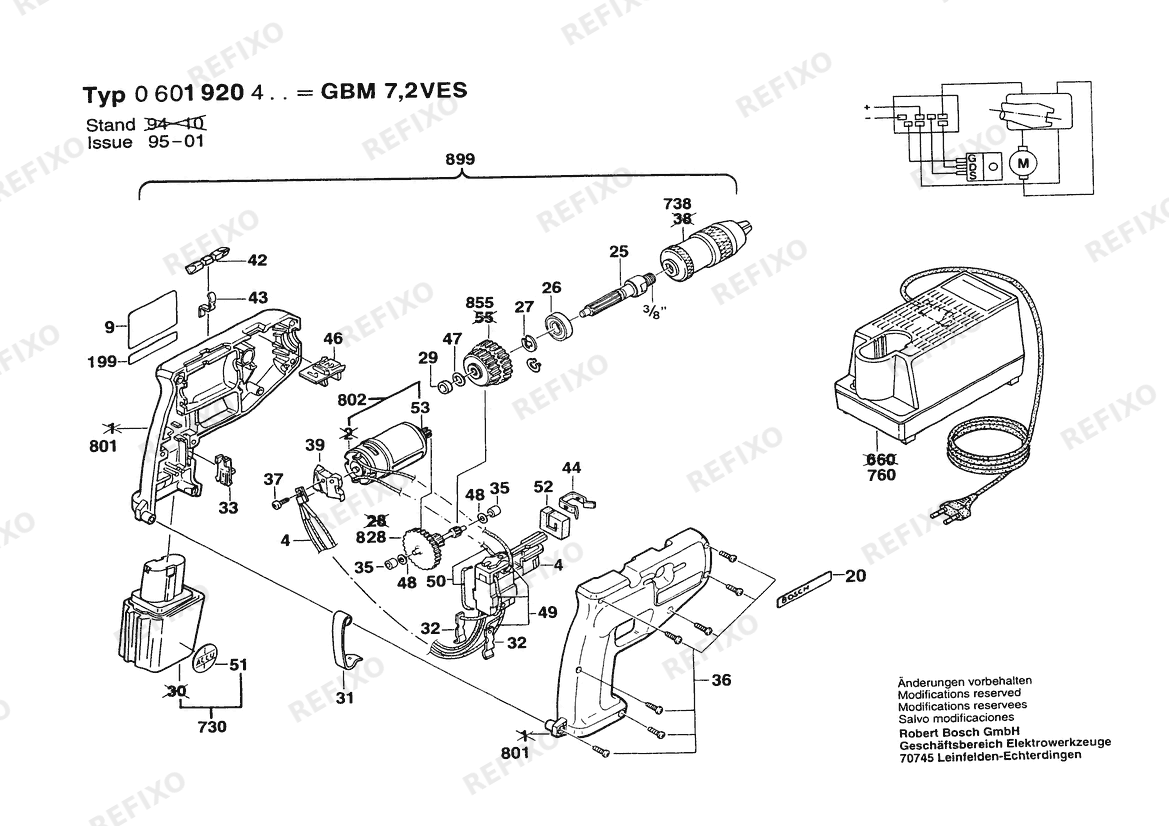Деталировка Bosch Аккумуляторный - дрель GBM 7,2 VES | 7.2 V | 001 - EU (0 601 920 423) — схема запчастей в разборе