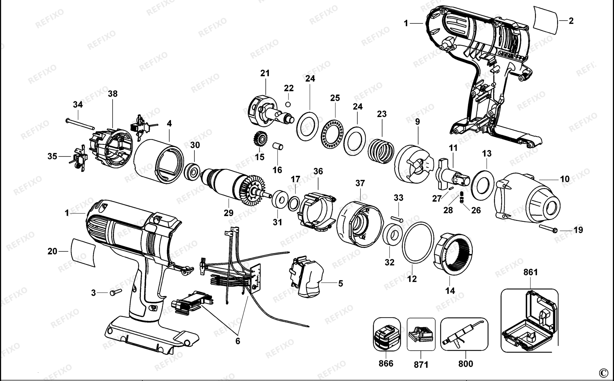 Деталировка DeWalt DC800-QW TYPE 1 SCHLAGSCHRAUBENSCHL. DC800-QW DC800 — схема запчастей в разборе