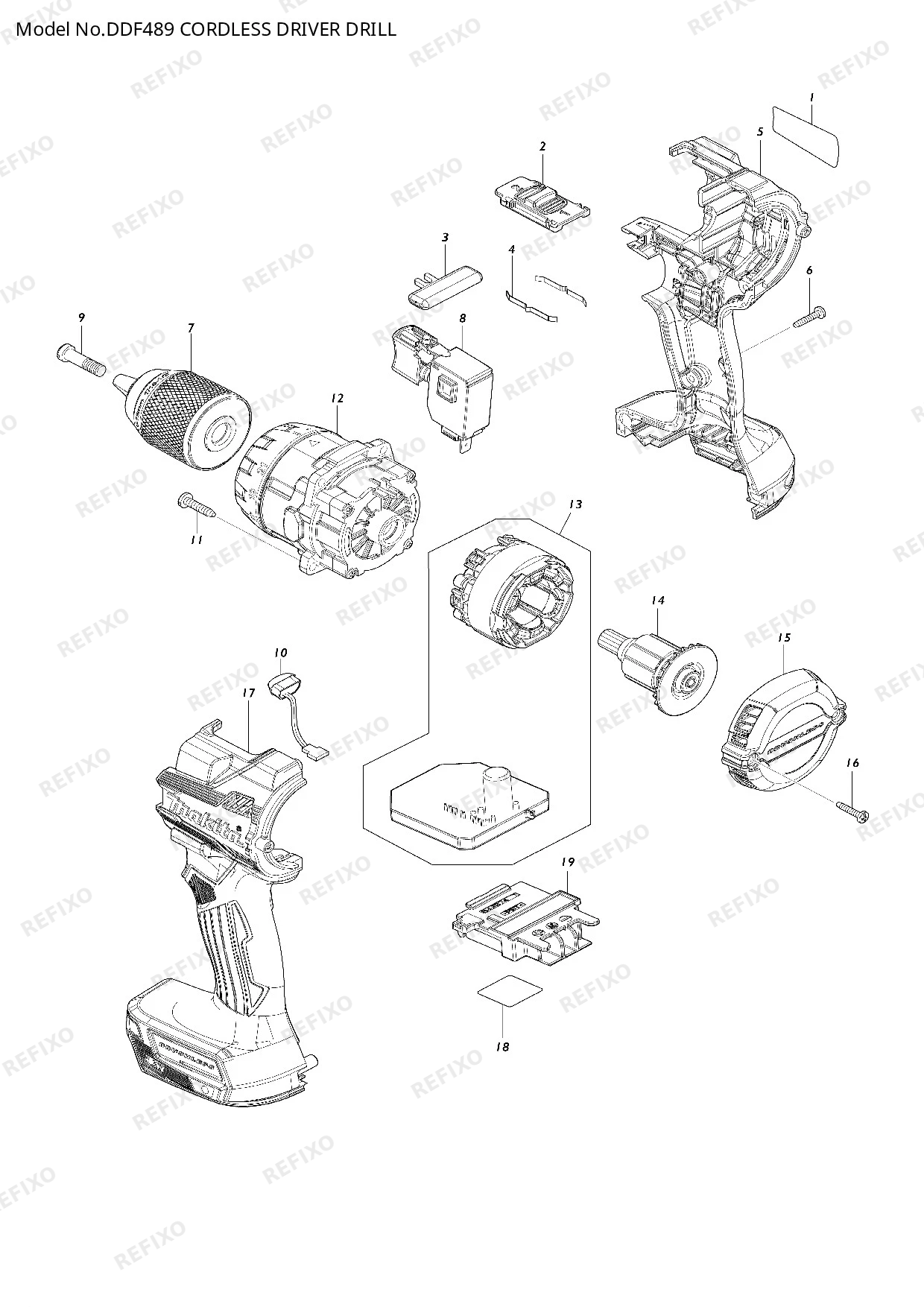 Деталировка MAKITA DDF489 — схема запчастей в разборе