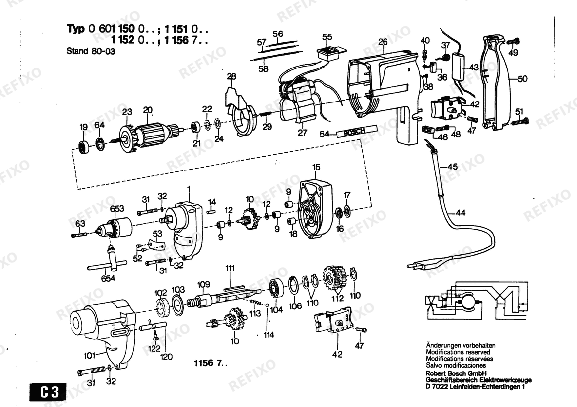 Деталировка Bosch Дрель Drill | 240 V | 027 - AU (0 601 152 037) — схема запчастей в разборе
