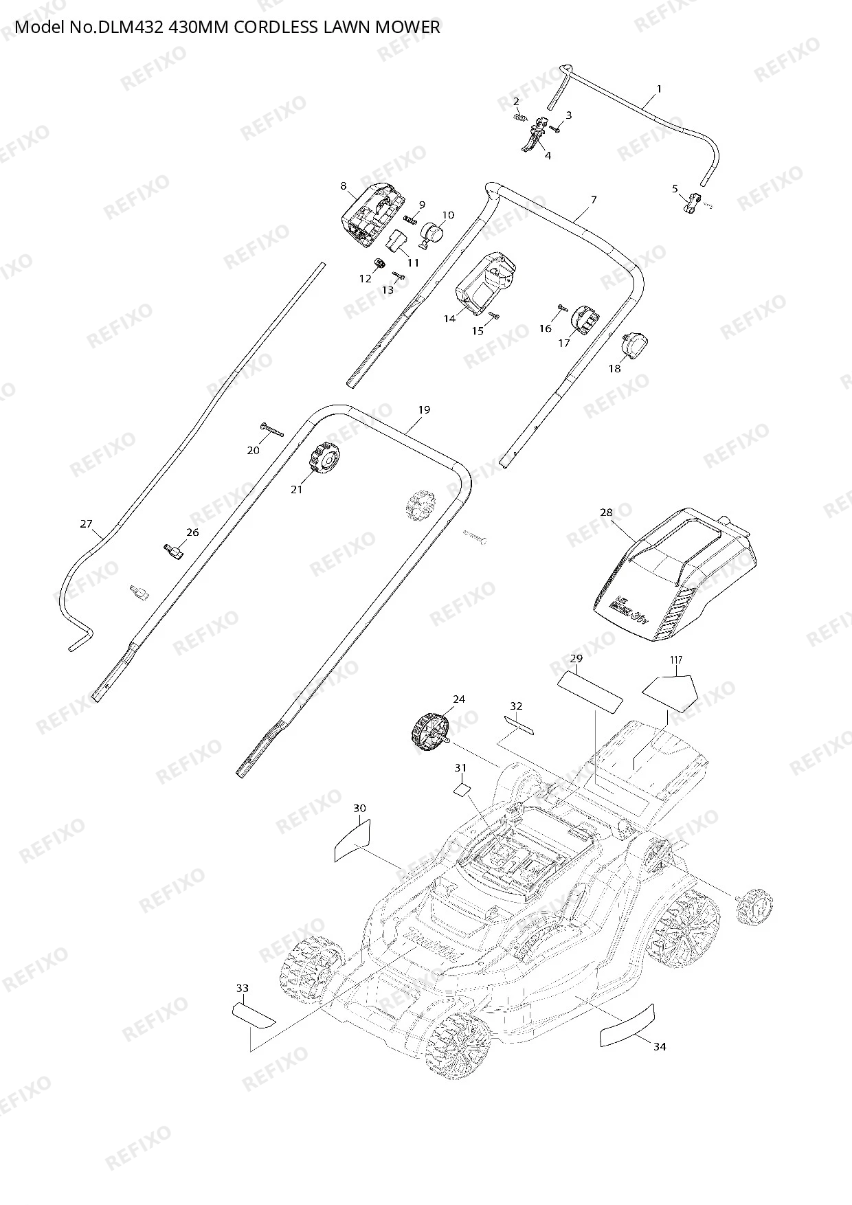 Деталировка MAKITA DLM432 — схема запчастей в разборе