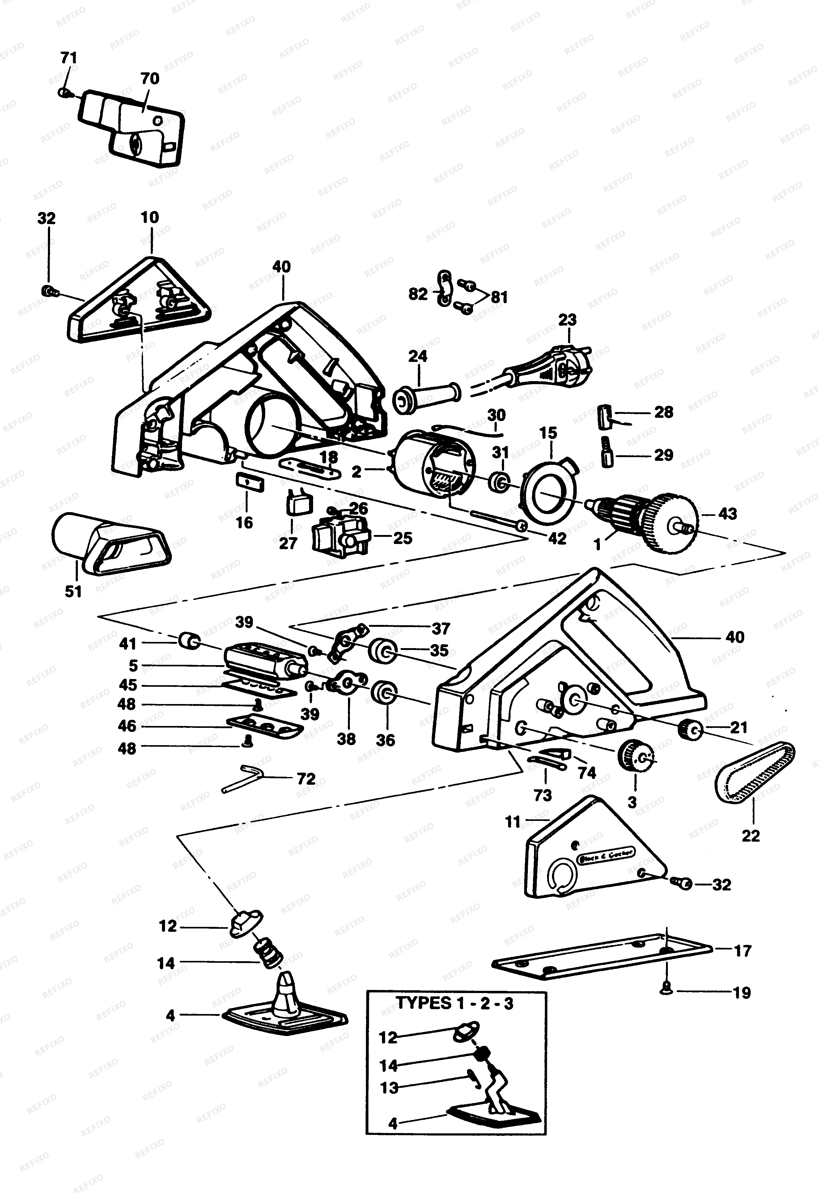 Деталировка Black&Decker РУБАНОК P7102 — схема запчастей в разборе