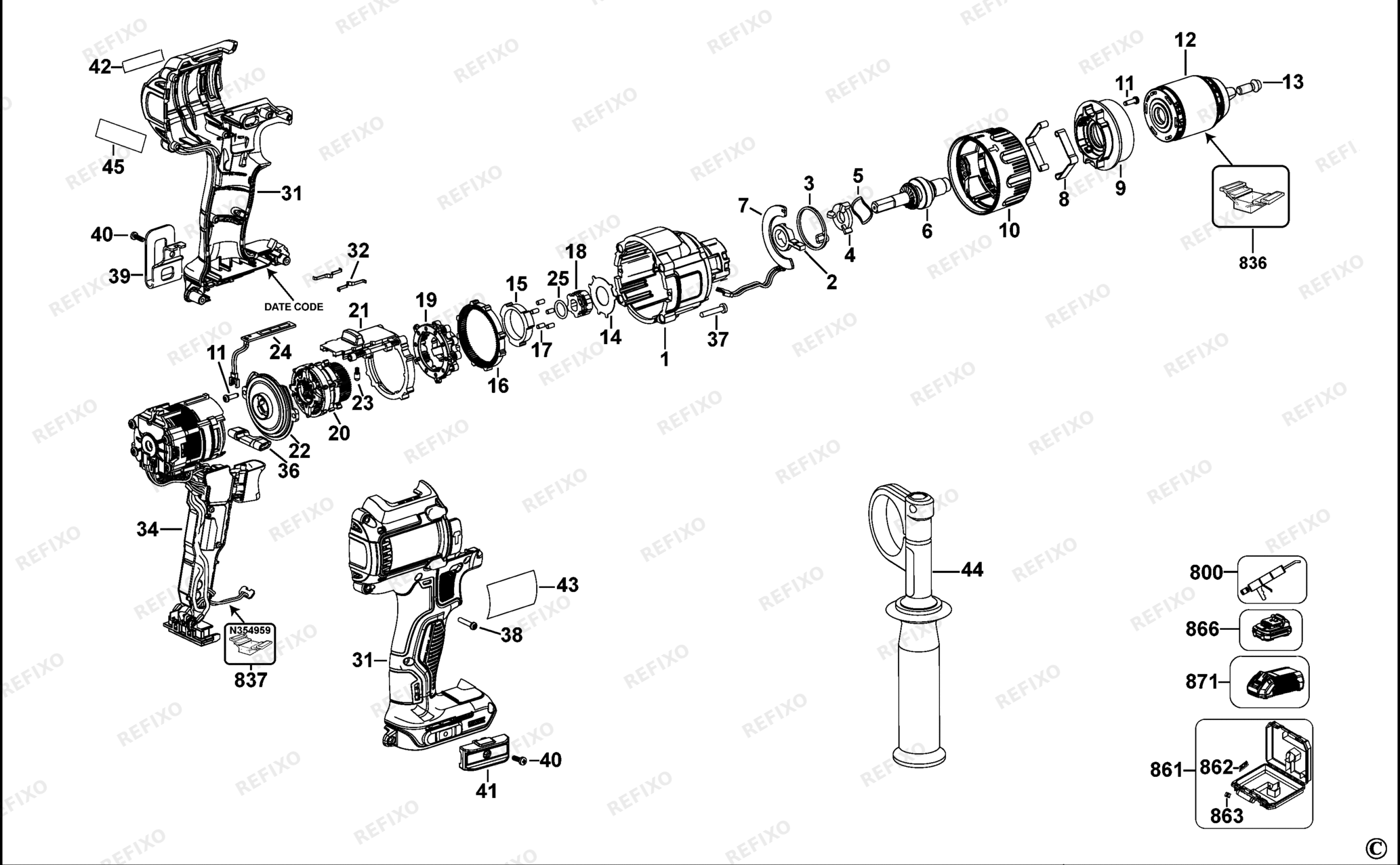 Деталировка DeWalt DCD937-QW TYPE 1 аккумуляторный - дрель DCD937-QW DCD937 — схема запчастей в разборе