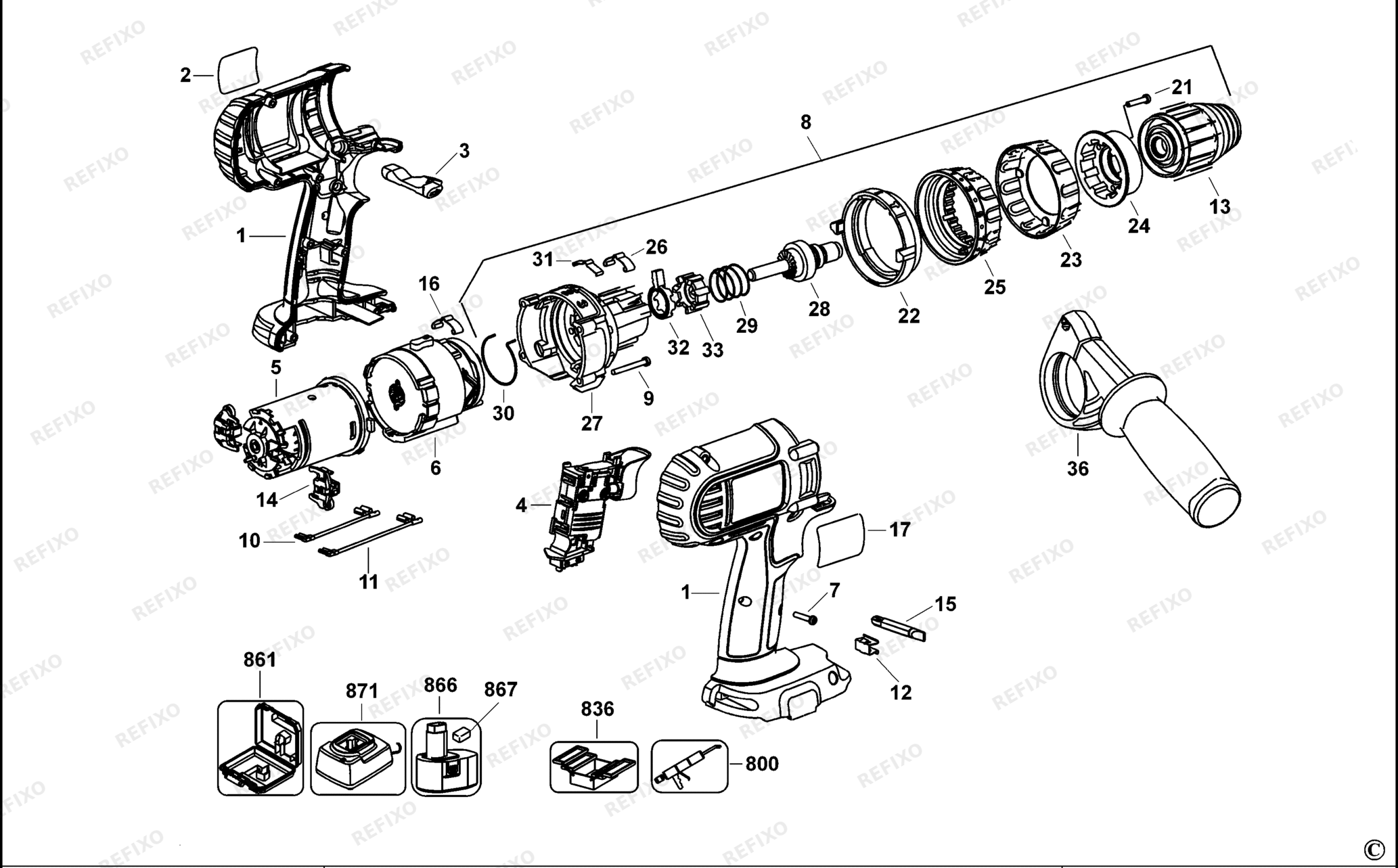 Деталировка DeWalt DC927K-QW TYPE 1 аккумуляторный - дрель DC927K-QW DC927K — схема запчастей в разборе