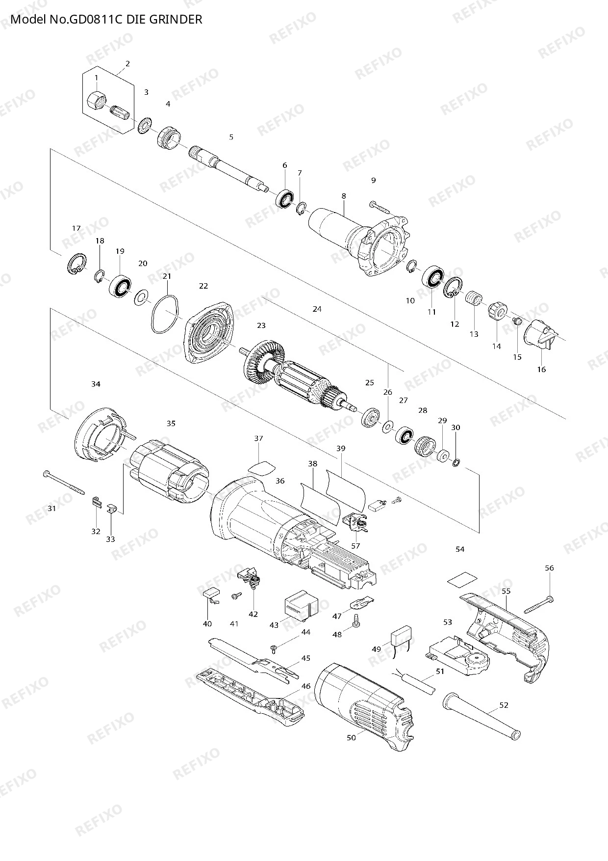 Деталировка MAKITA GD0811C — схема запчастей в разборе