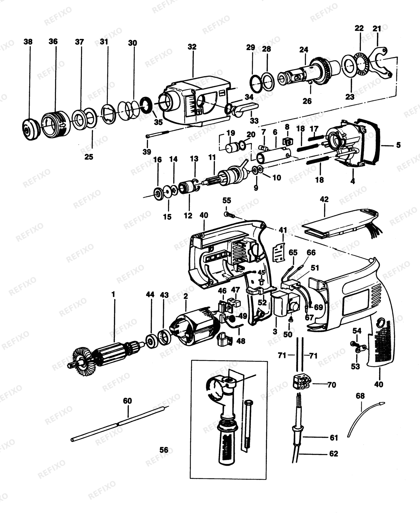 Деталировка DeWalt DW523K35-XJ TYPE 1 DREHHAMMER DW523K35-XJ DW523K35 — схема запчастей в разборе