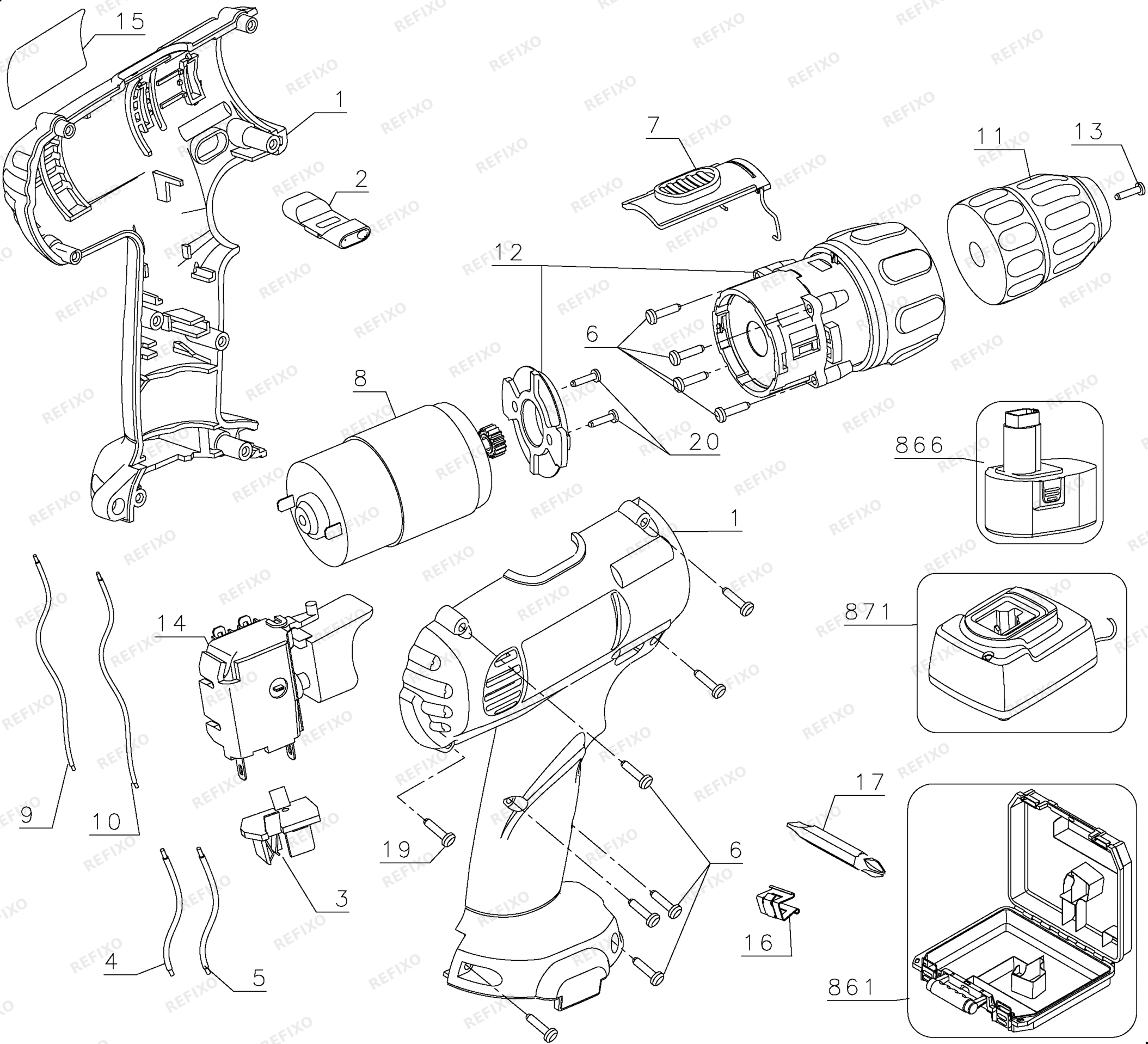 Деталировка DeWalt DW926K2-QW TYPE 1 9.6V DRILLDRIVER DW926K2-QW DW926K2 — схема запчастей в разборе
