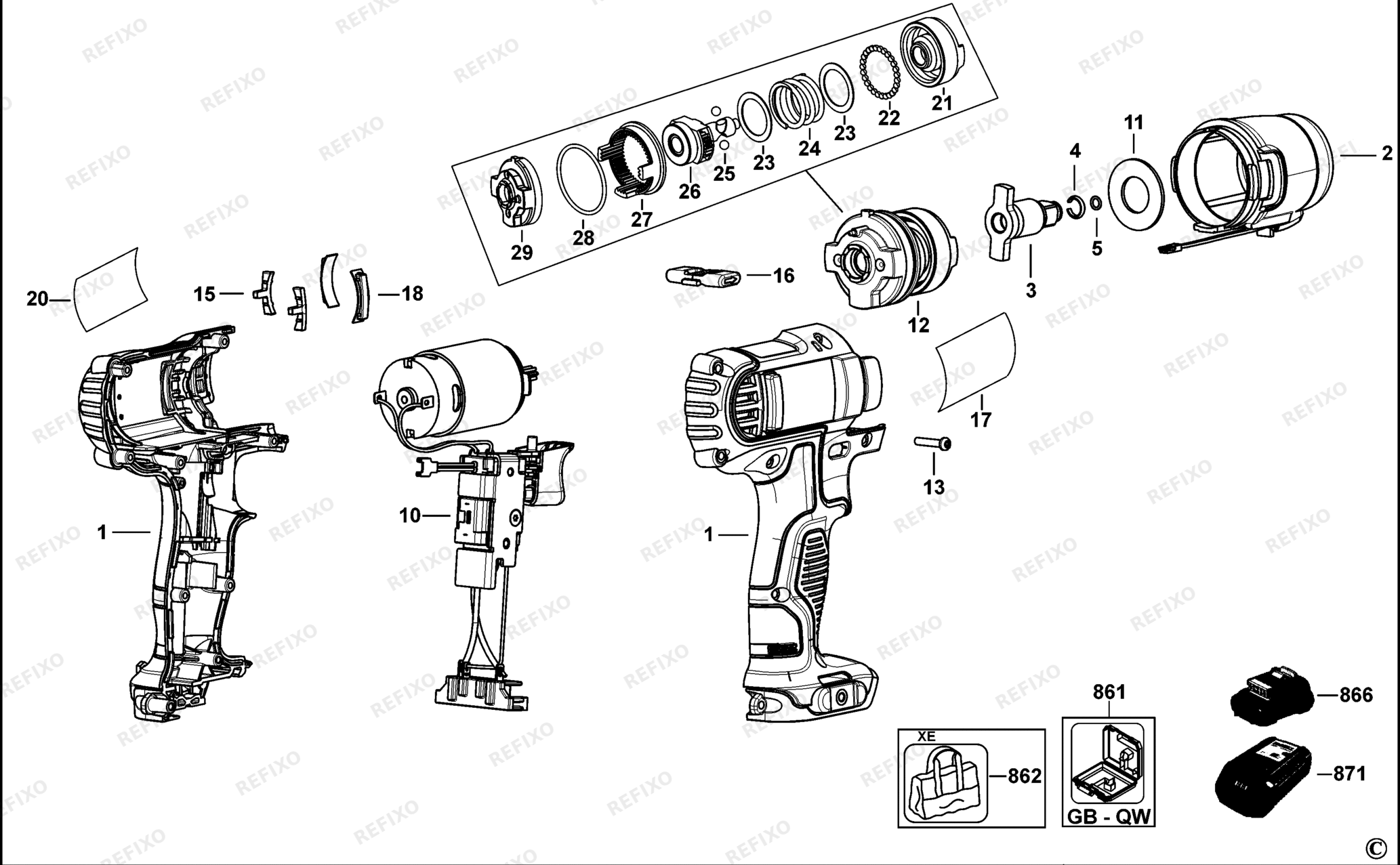 Деталировка DeWalt DCF813-QW TYPE 3 SCHLAGSCHRAUBENSCHL. DCF813-QW DCF813 — схема запчастей в разборе