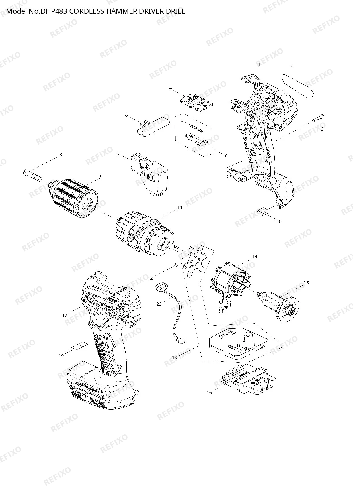 Деталировка MAKITA DHP483 — схема запчастей в разборе