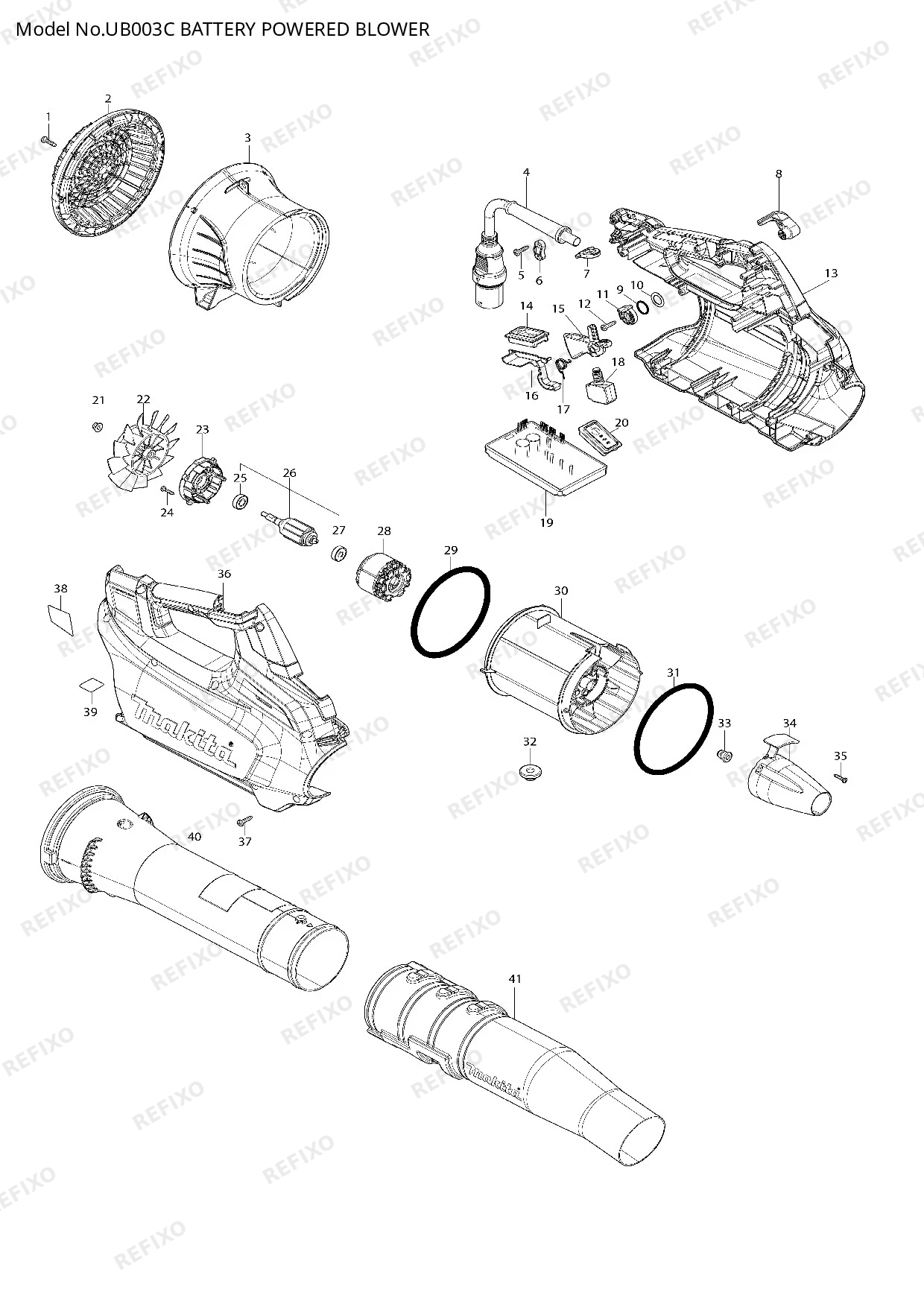 Деталировка MAKITA UB003C — схема запчастей в разборе