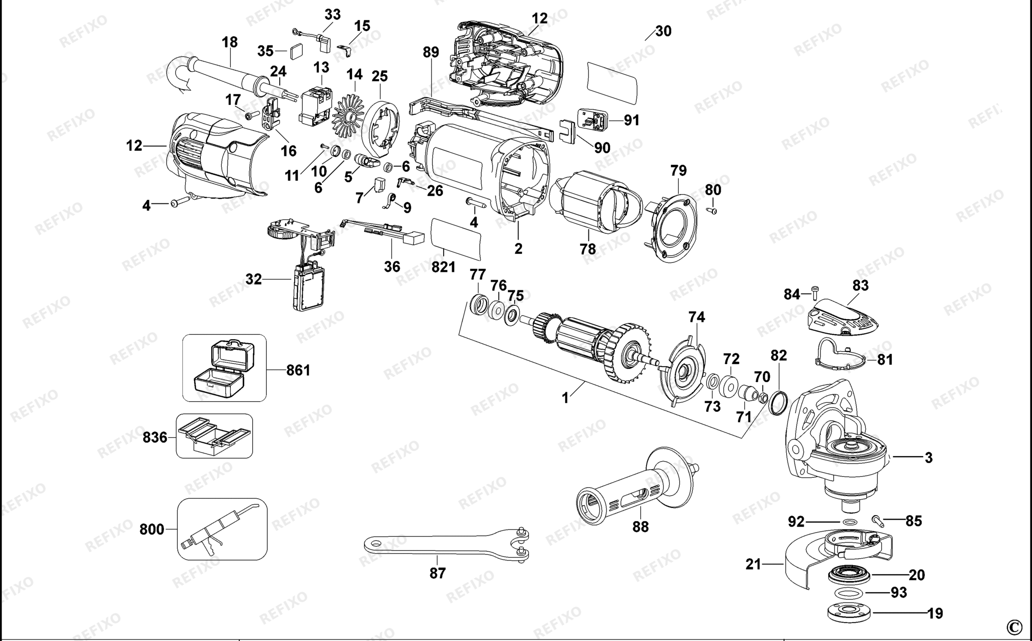 Деталировка DeWalt D28136-QS TYPE 1 SMALL ANGLE GRINDER D28136-QS D28136 — схема запчастей в разборе