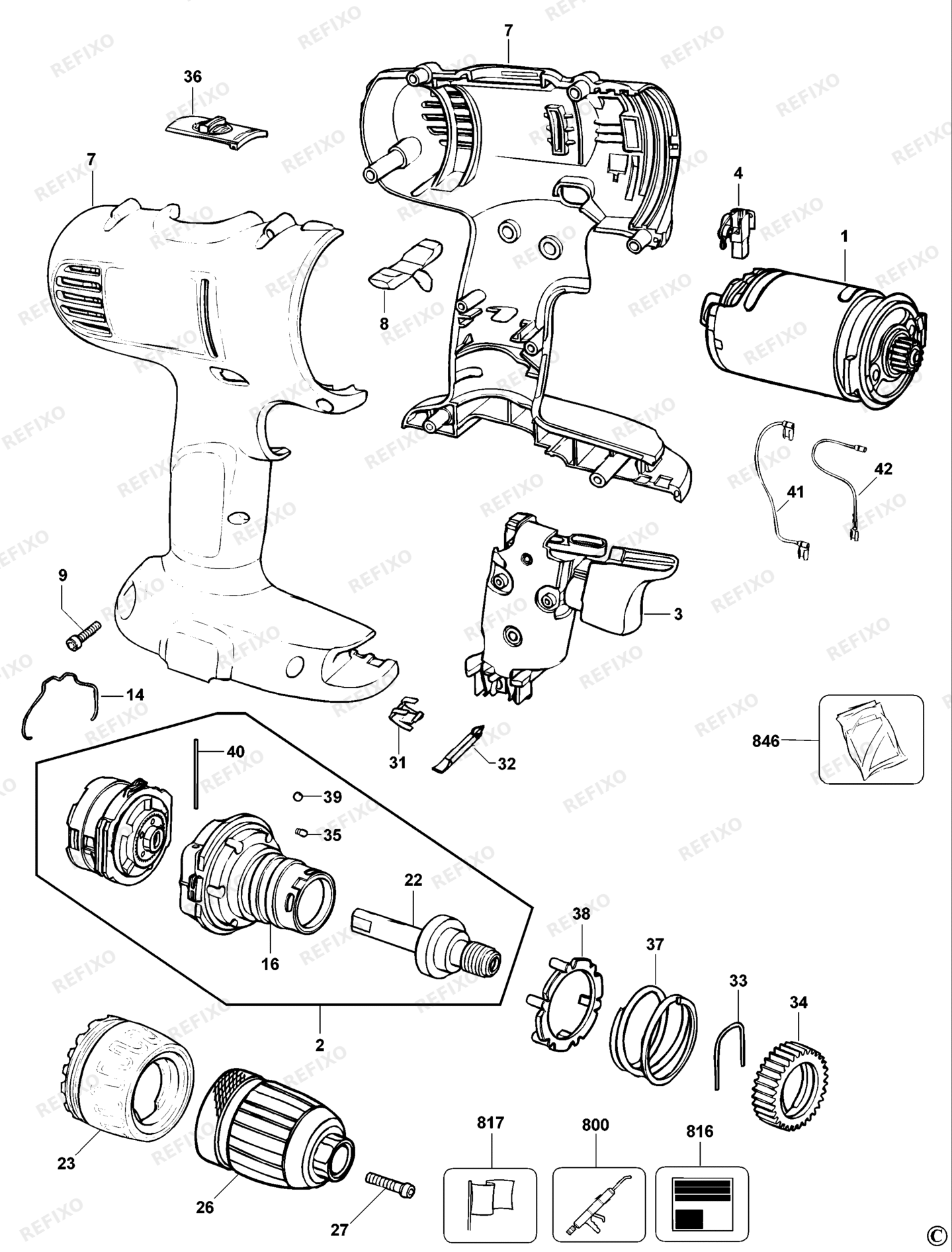 Деталировка DeWalt DW956-XJ TYPE 11 аккумуляторный - дрель DW956-XJ DW956 — схема запчастей в разборе