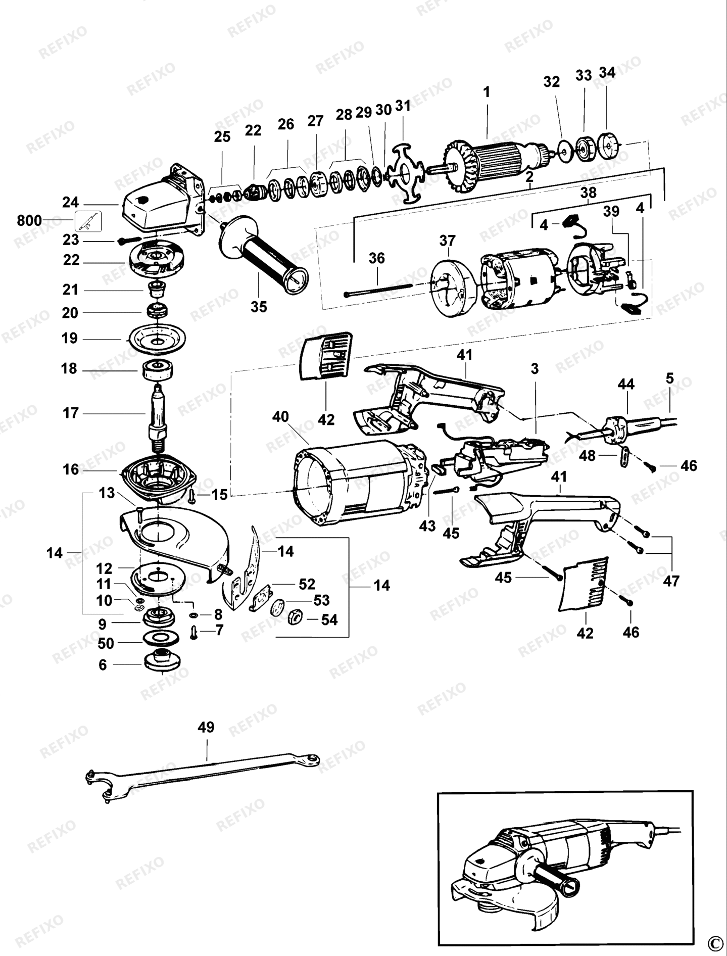 Деталировка DeWalt DW432K-XJ TYPE 2 угловая шлифмашина DW432K-XJ DW432K — схема запчастей в разборе