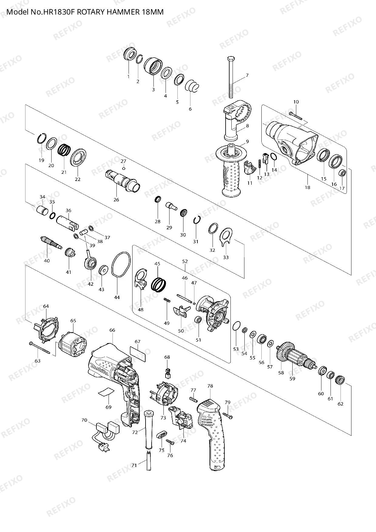 Деталировка MAKITA HR1830F — схема запчастей в разборе