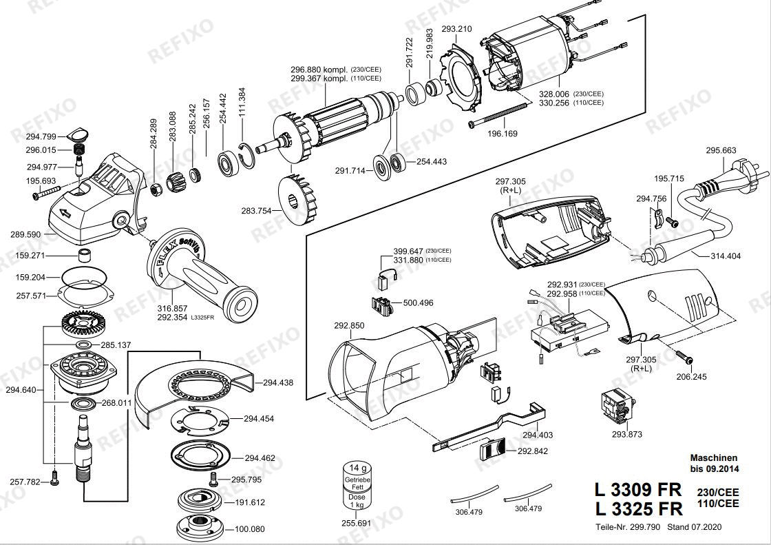 Деталировка Flex L 3309 FR 230CEE Fixtec — схема запчастей в разборе