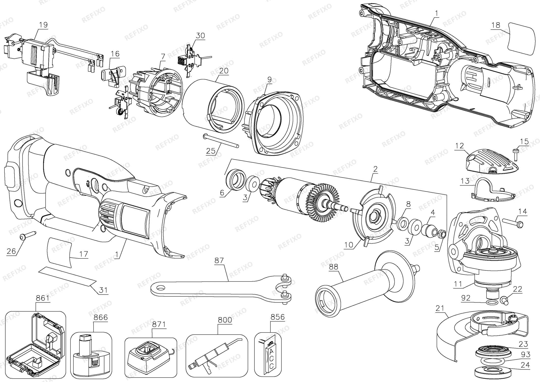 Деталировка DeWalt DC411-XJ TYPE 1 SMALL ANGLE GRINDER DC411-XJ DC411 — схема запчастей в разборе