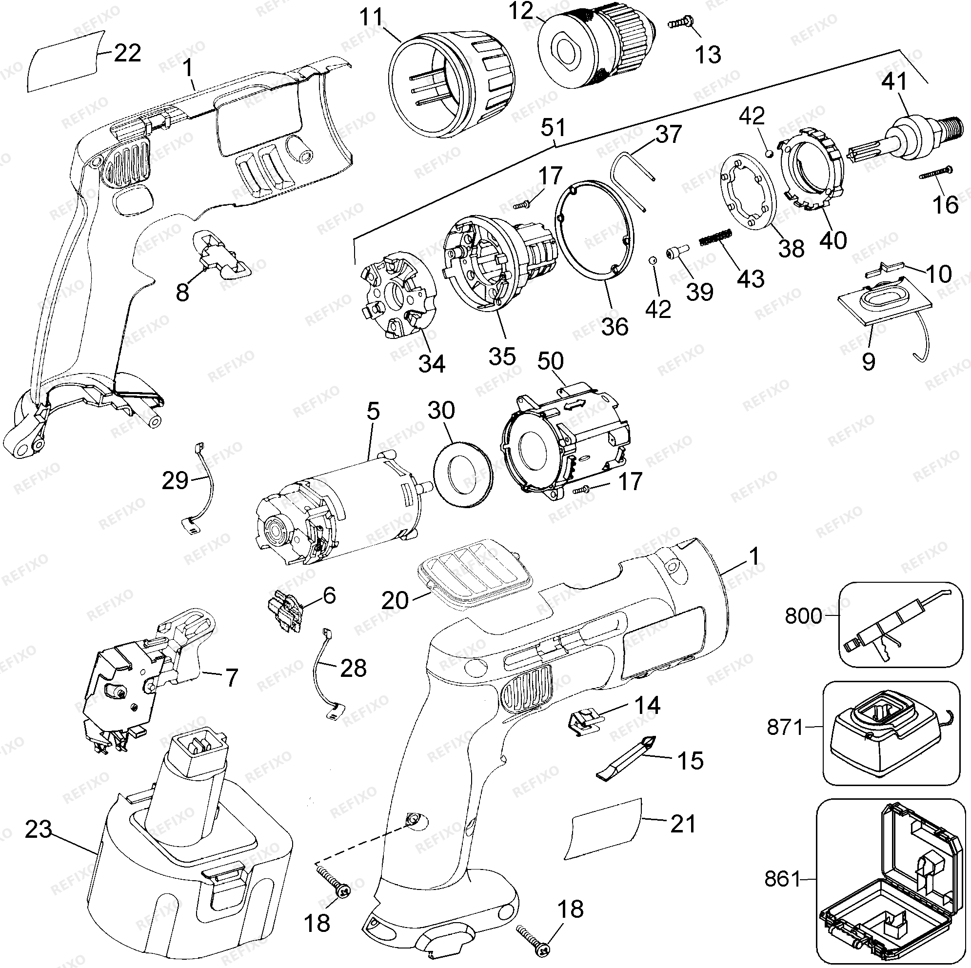 Деталировка DeWalt DW961K2-QW TYPE 3 аккумуляторный - дрель DW961K2-QW DW961K2 — схема запчастей в разборе