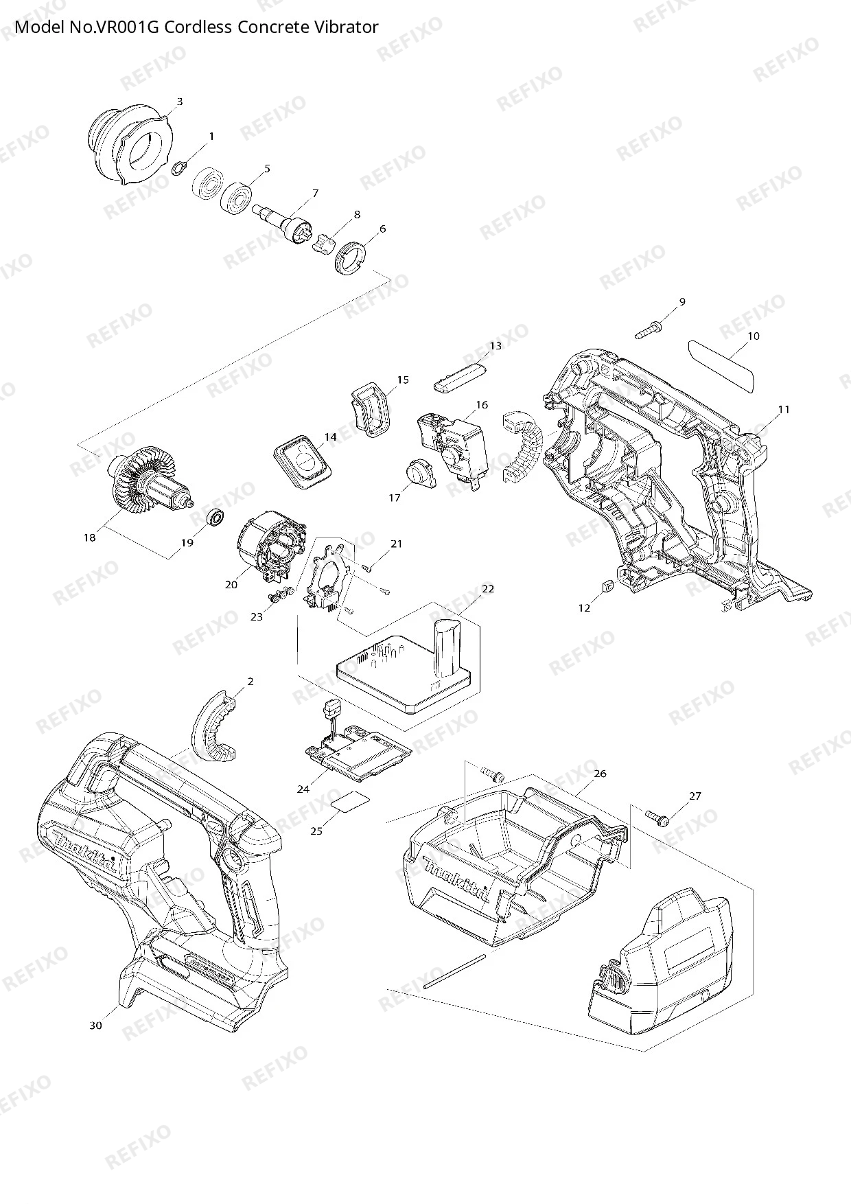 Деталировка MAKITA VR001G — схема запчастей в разборе